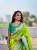 Parrot Green Traditional Paithani Silk Saree with Tassels & Latkans – Includes Matching Blouse