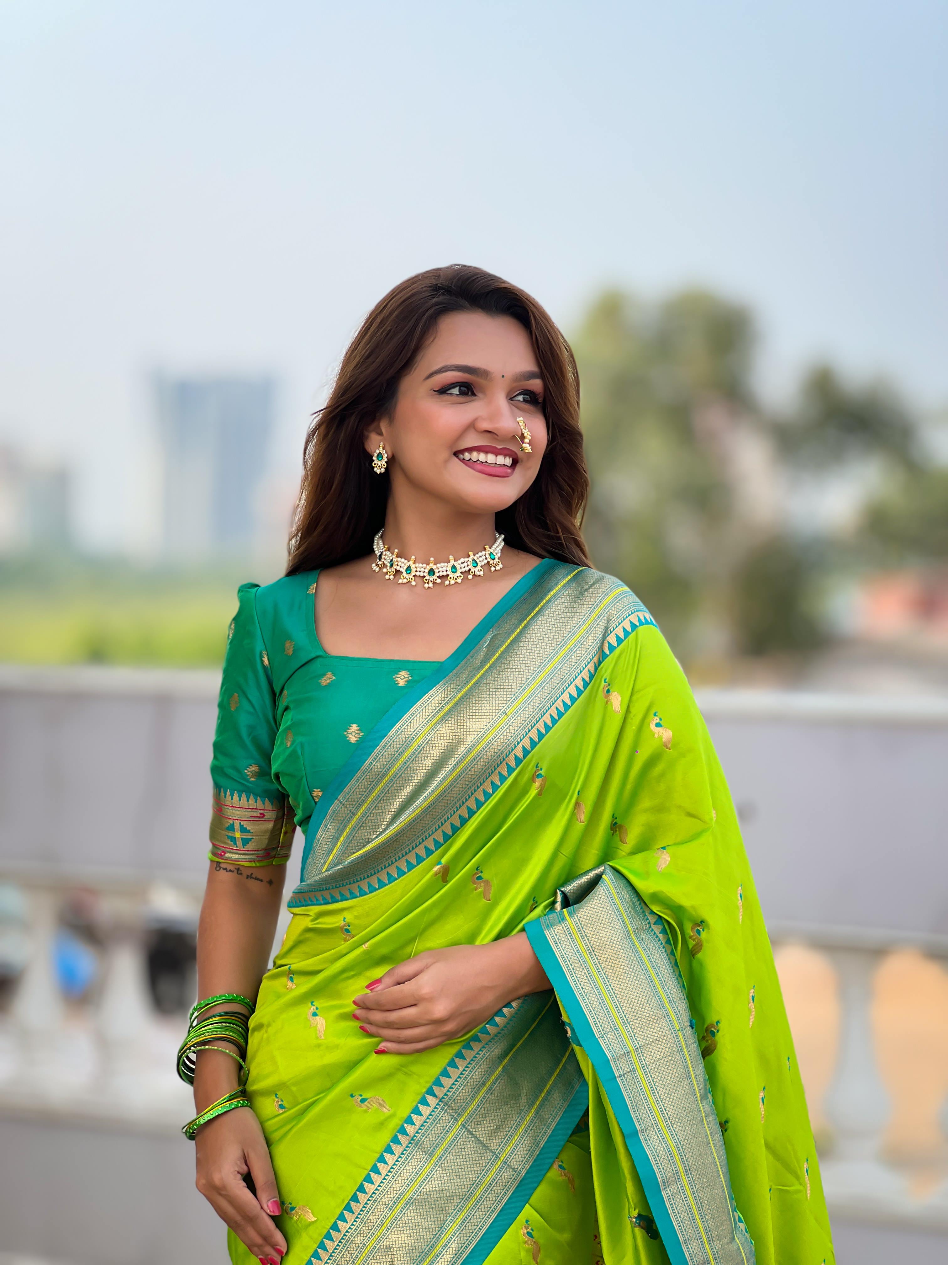 Parrot Green Traditional Paithani Silk Saree with Tassels & Latkans – Includes Matching Blouse