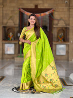 Elegant Paithani Silk Saree Featuring Zari Weaving, Meenakari Pallu & Double Munia Border