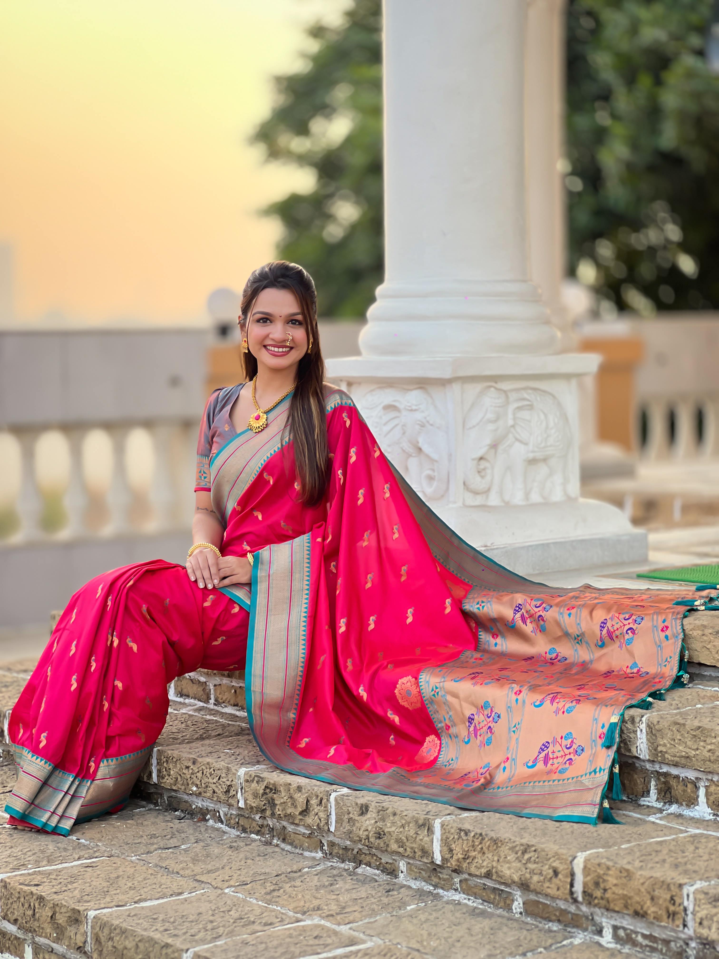 Pink Traditional Paithani Silk Saree with Tassels & Latkans – Includes Matching Blouse