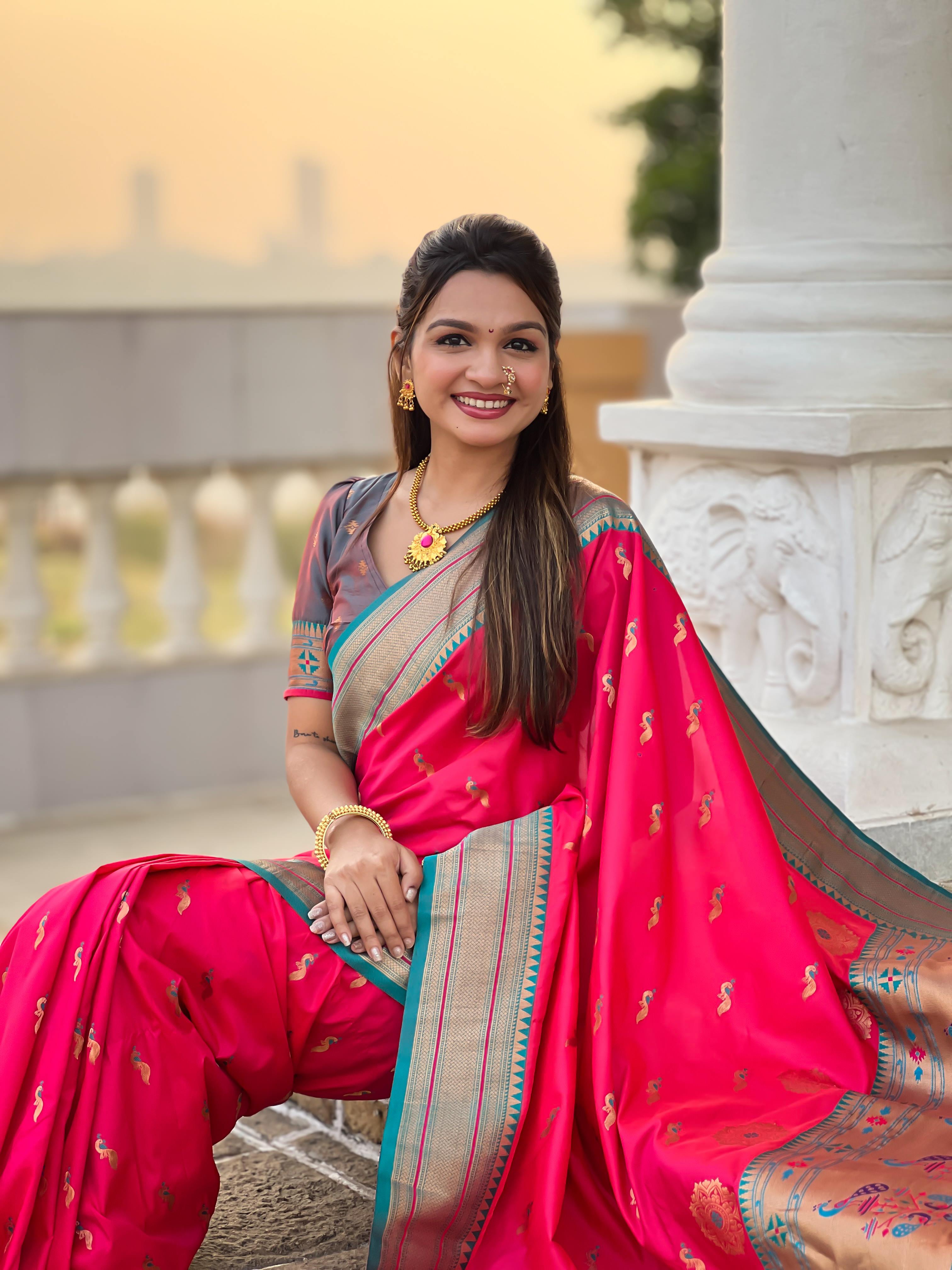Pink Traditional Paithani Silk Saree with Tassels & Latkans – Includes Matching Blouse