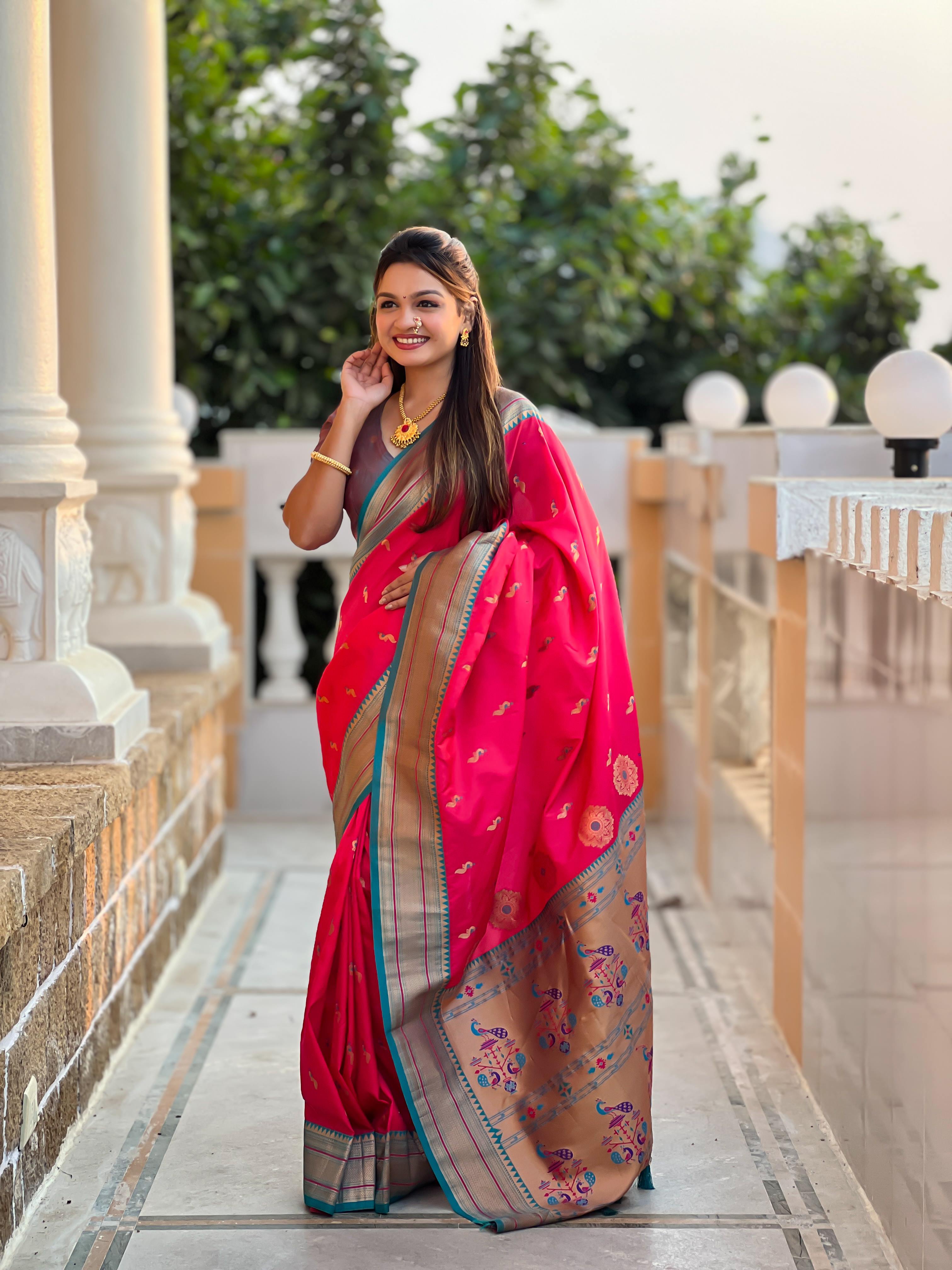 Pink Traditional Paithani Silk Saree with Tassels & Latkans – Includes Matching Blouse