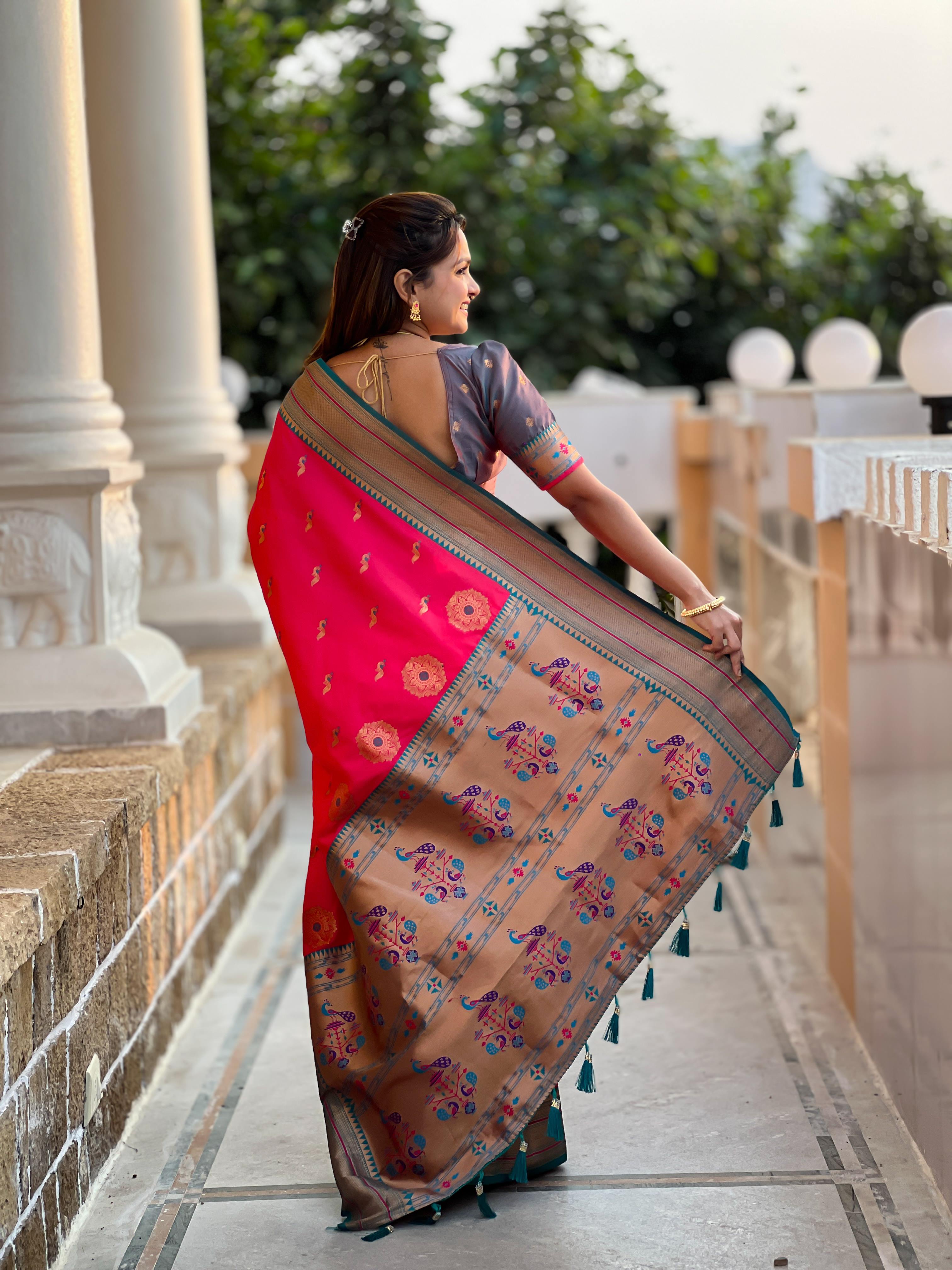 Pink Traditional Paithani Silk Saree with Tassels & Latkans – Includes Matching Blouse