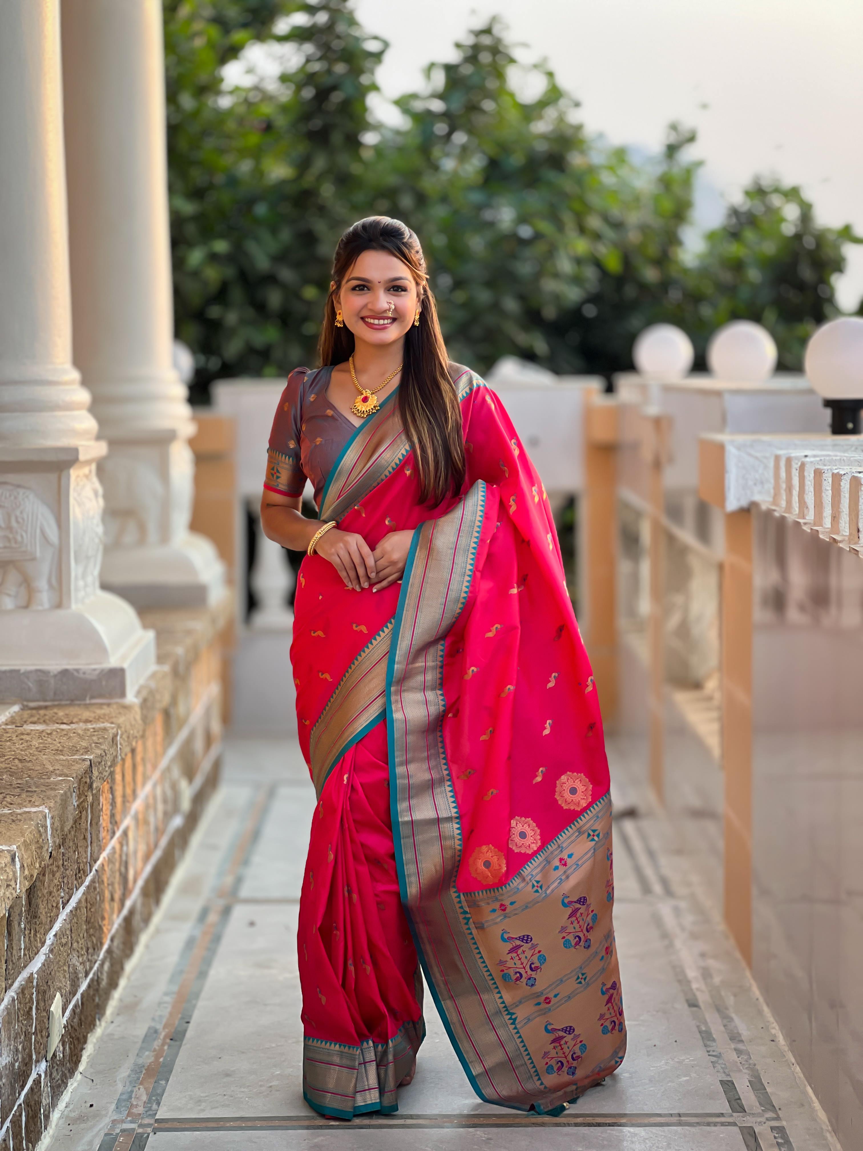 Pink Traditional Paithani Silk Saree with Tassels & Latkans – Includes Matching Blouse