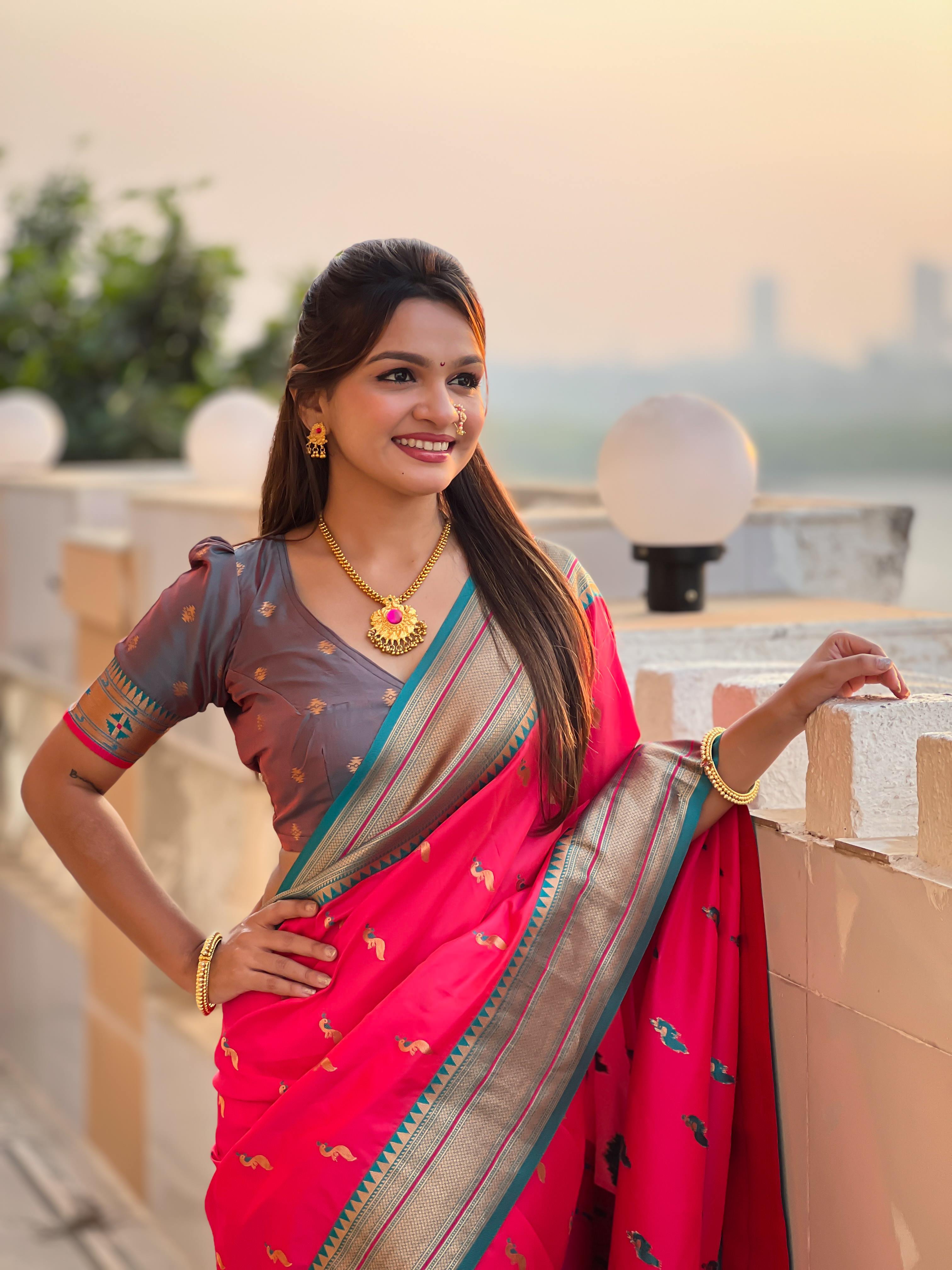 Pink Traditional Paithani Silk Saree with Tassels & Latkans – Includes Matching Blouse