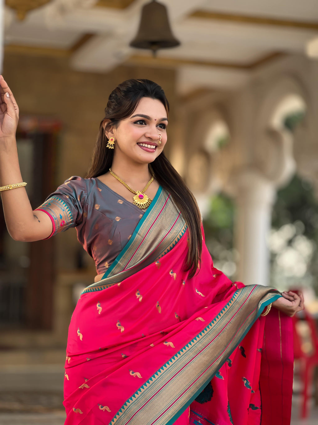 Pink Traditional Paithani Silk Saree with Tassels & Latkans – Includes Matching Blouse