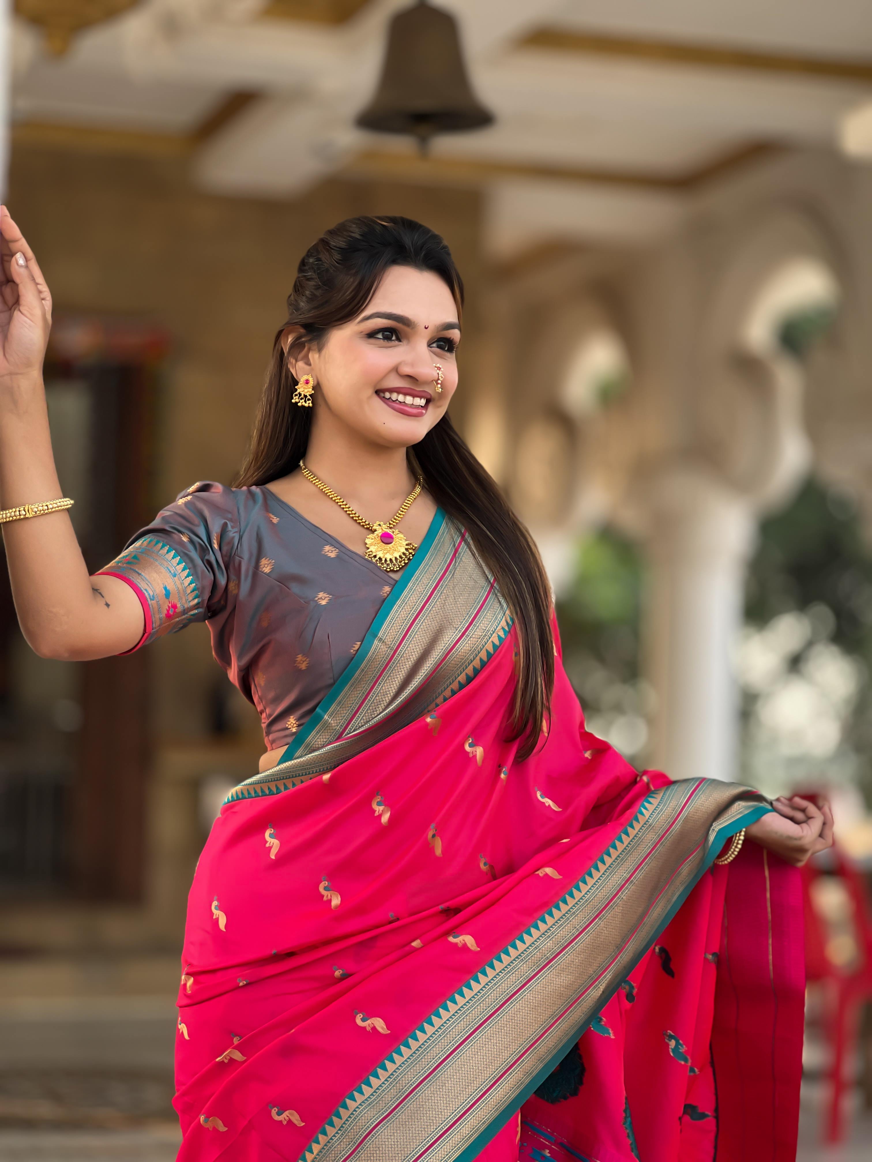 Pink Traditional Paithani Silk Saree with Tassels & Latkans – Includes Matching Blouse