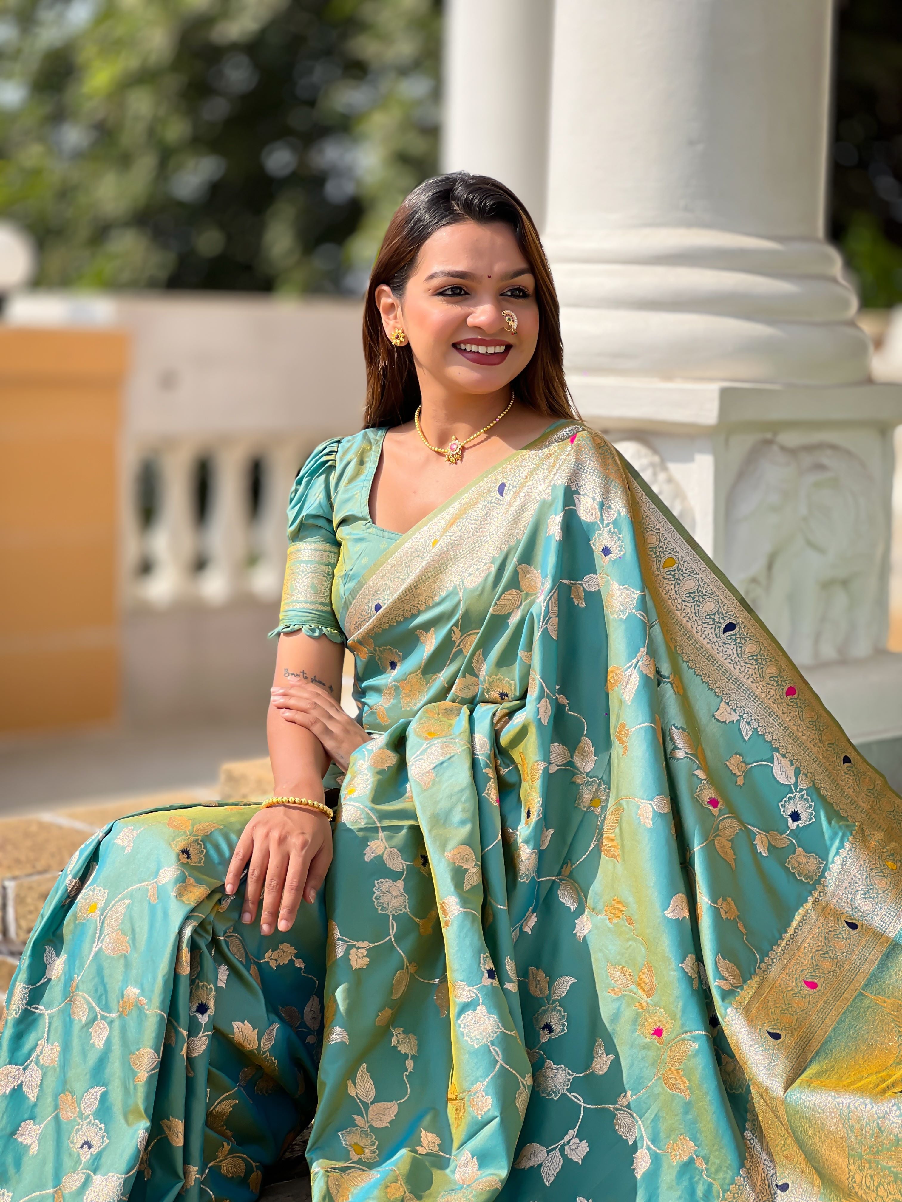 Pista Varni Fabrics Women's Traditional Banarasi Silk Saree with Woven Design & Blouse