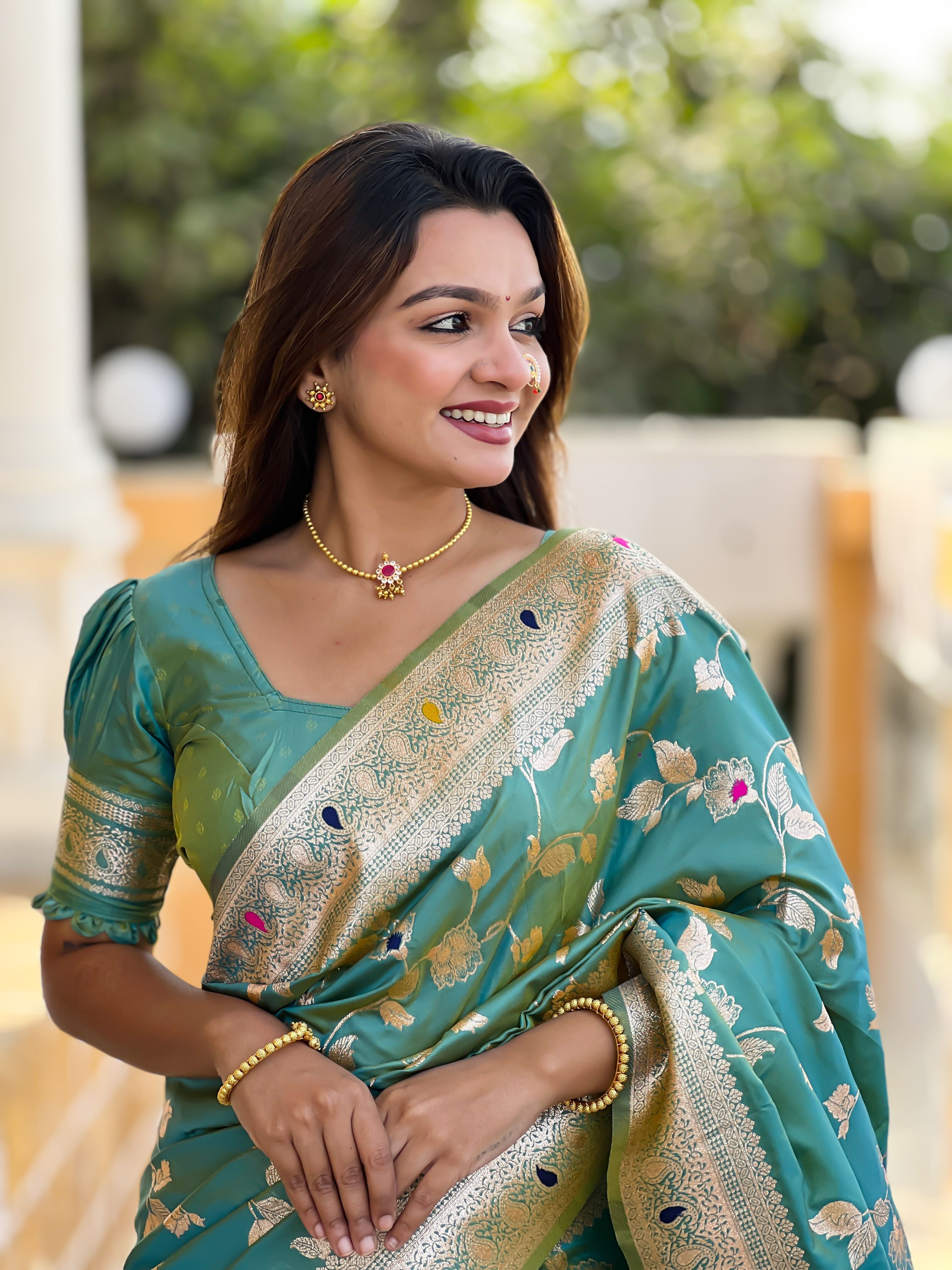 Pista Varni Fabrics Women's Traditional Banarasi Silk Saree with Woven Design & Blouse