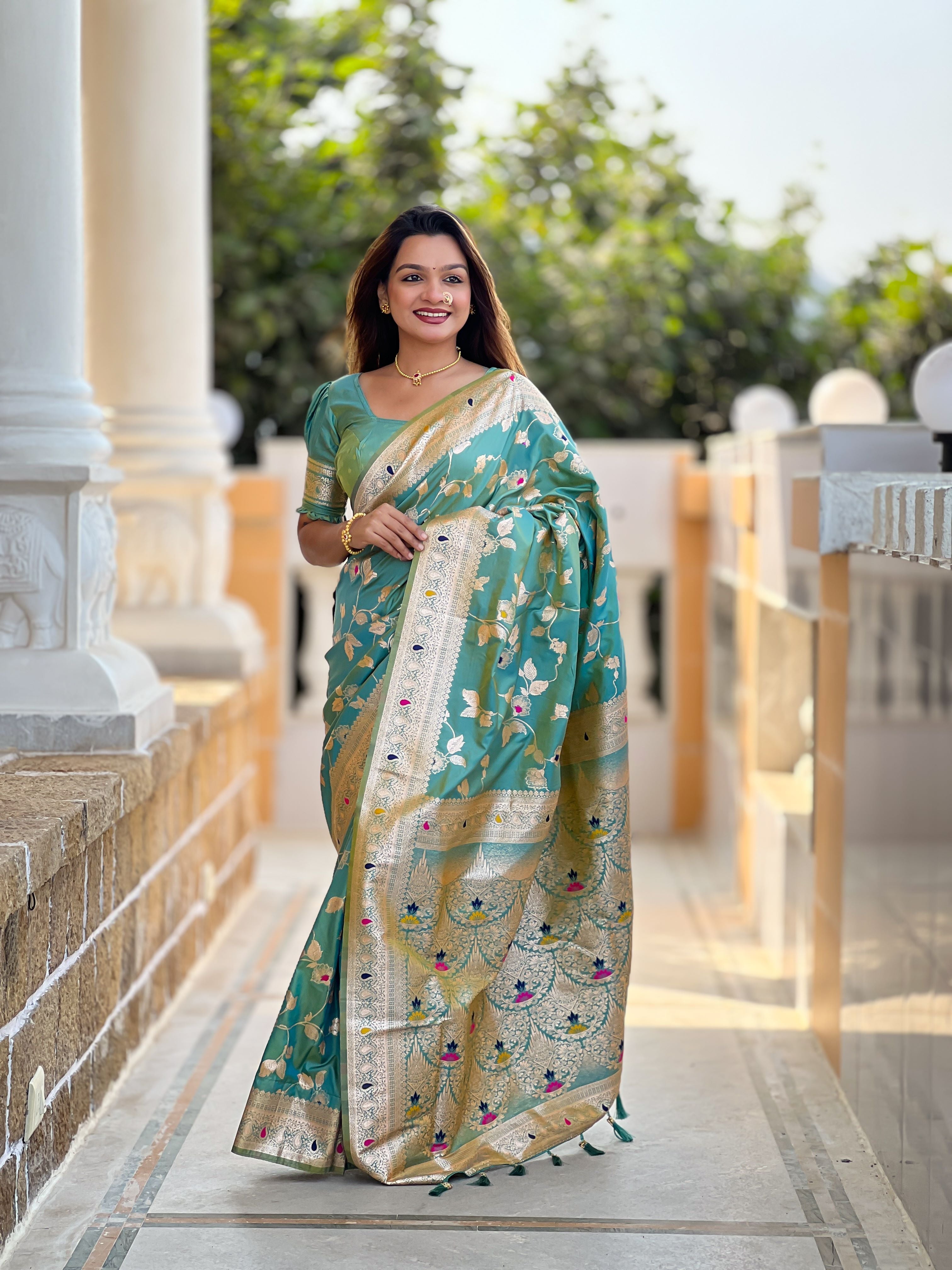 Pista Varni Fabrics Women's Traditional Banarasi Silk Saree with Woven Design & Blouse