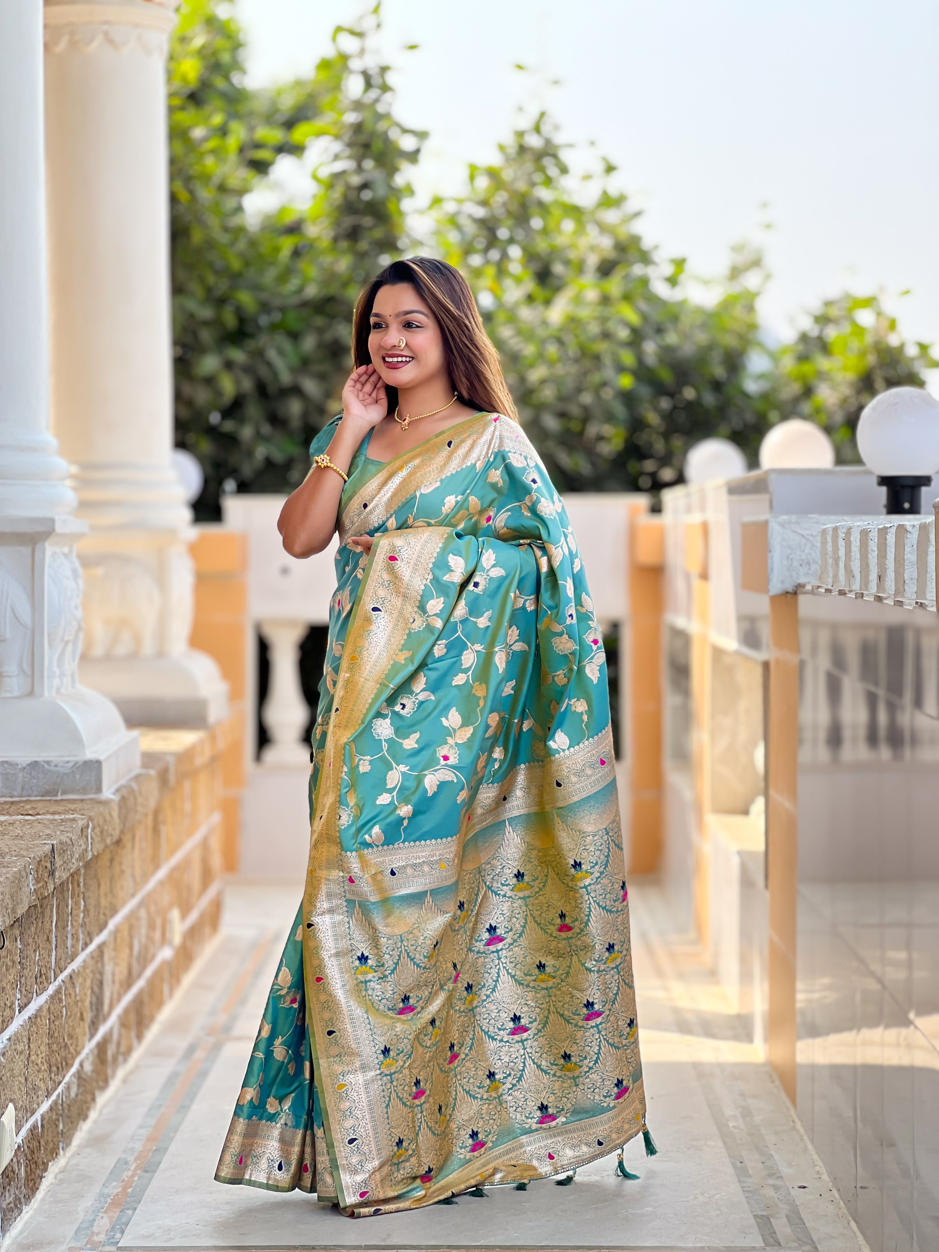 Pista Varni Fabrics Women's Traditional Banarasi Silk Saree with Woven Design & Blouse