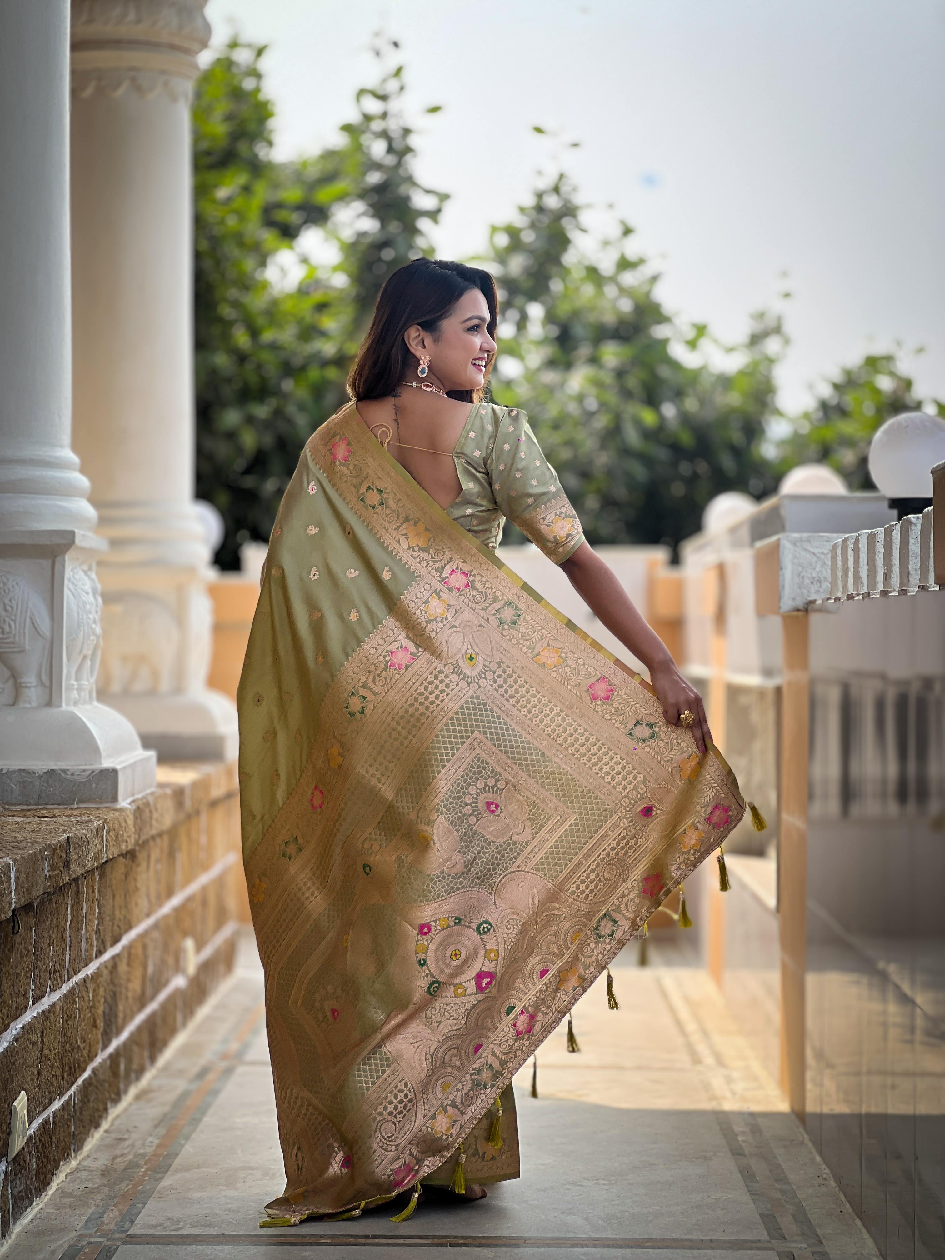 Pista Varni Fabrics Women Paisley Banarasi Silk Embellished Saree comes With Matching Blouse