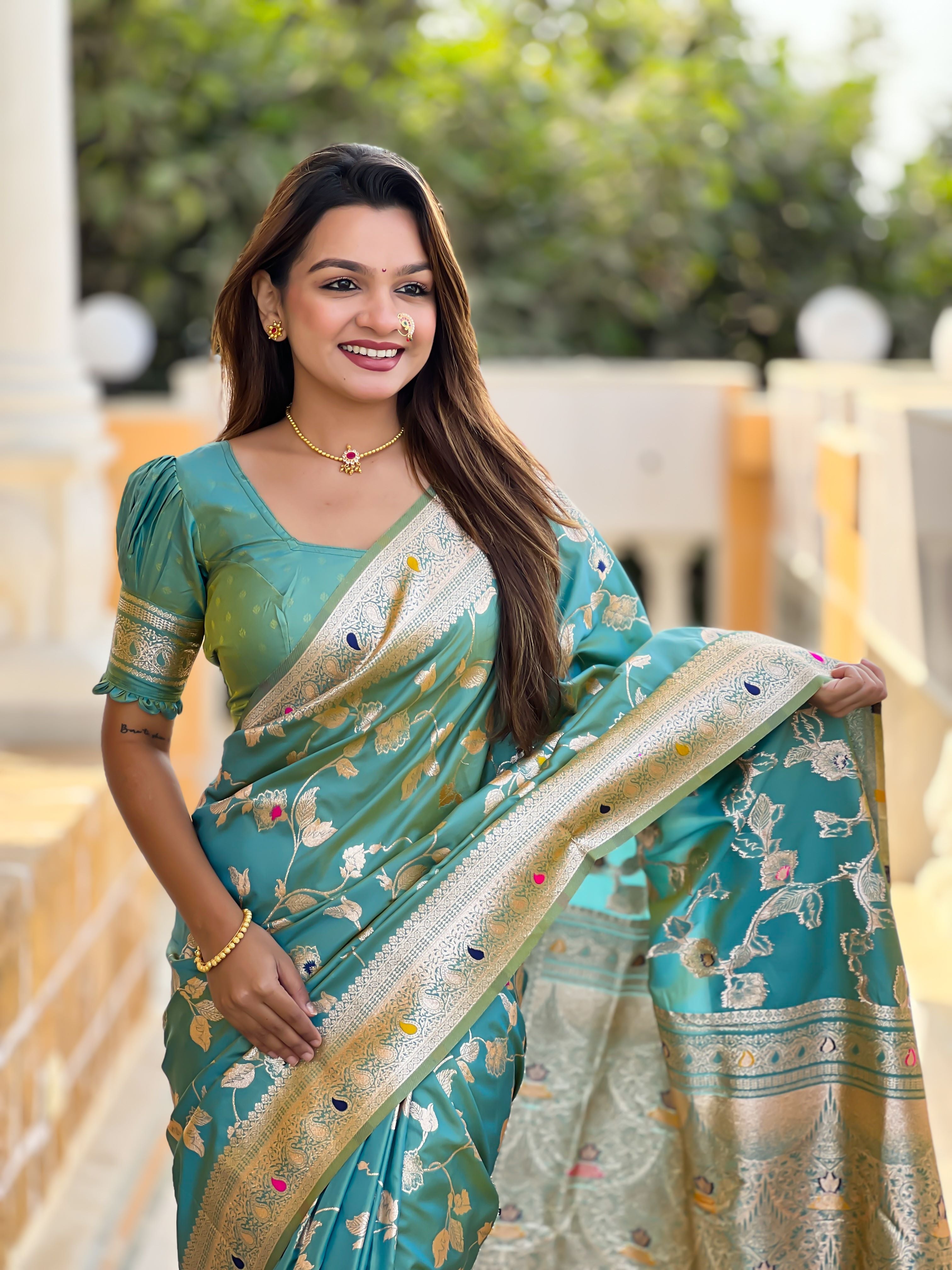 Pista Varni Fabrics Women's Traditional Banarasi Silk Saree with Woven Design & Blouse