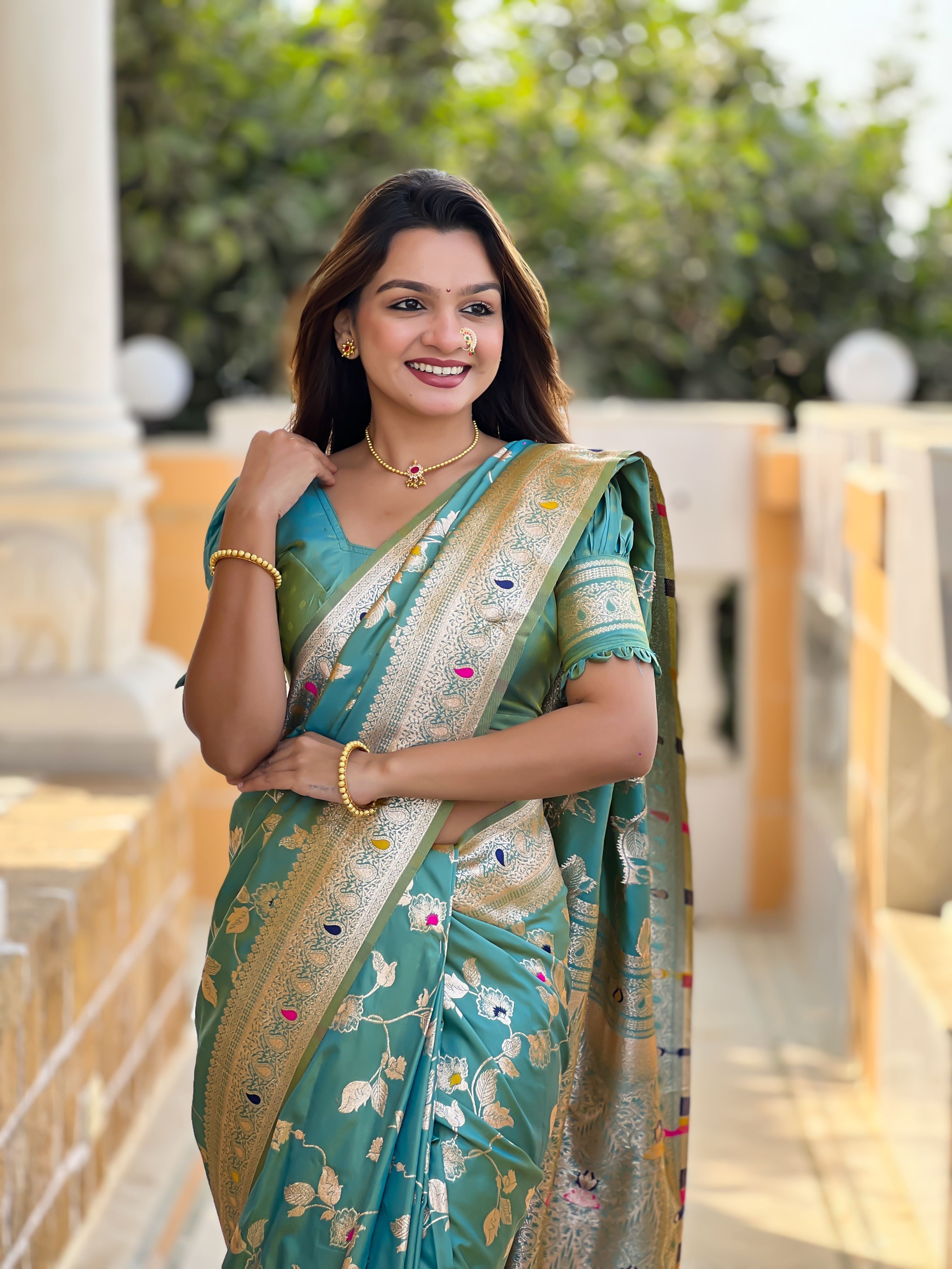 Pista Varni Fabrics Women's Traditional Banarasi Silk Saree with Woven Design & Blouse