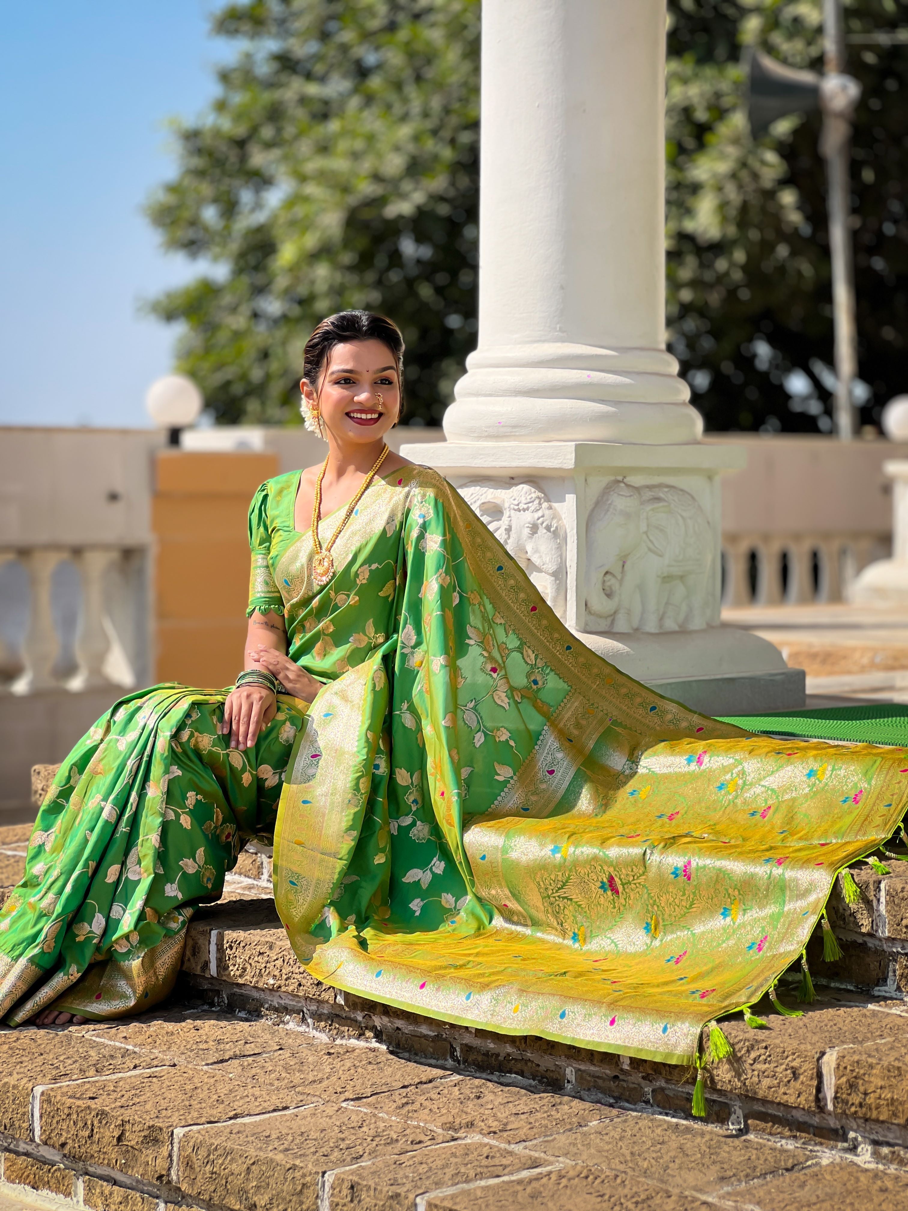 Parrot green Varni Fabrics Women's Traditional Banarasi Silk Saree with Woven Design & Blouse