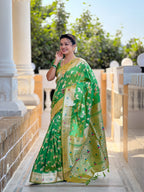 Parrot green Varni Fabrics Women's Traditional Banarasi Silk Saree with Woven Design & Blouse