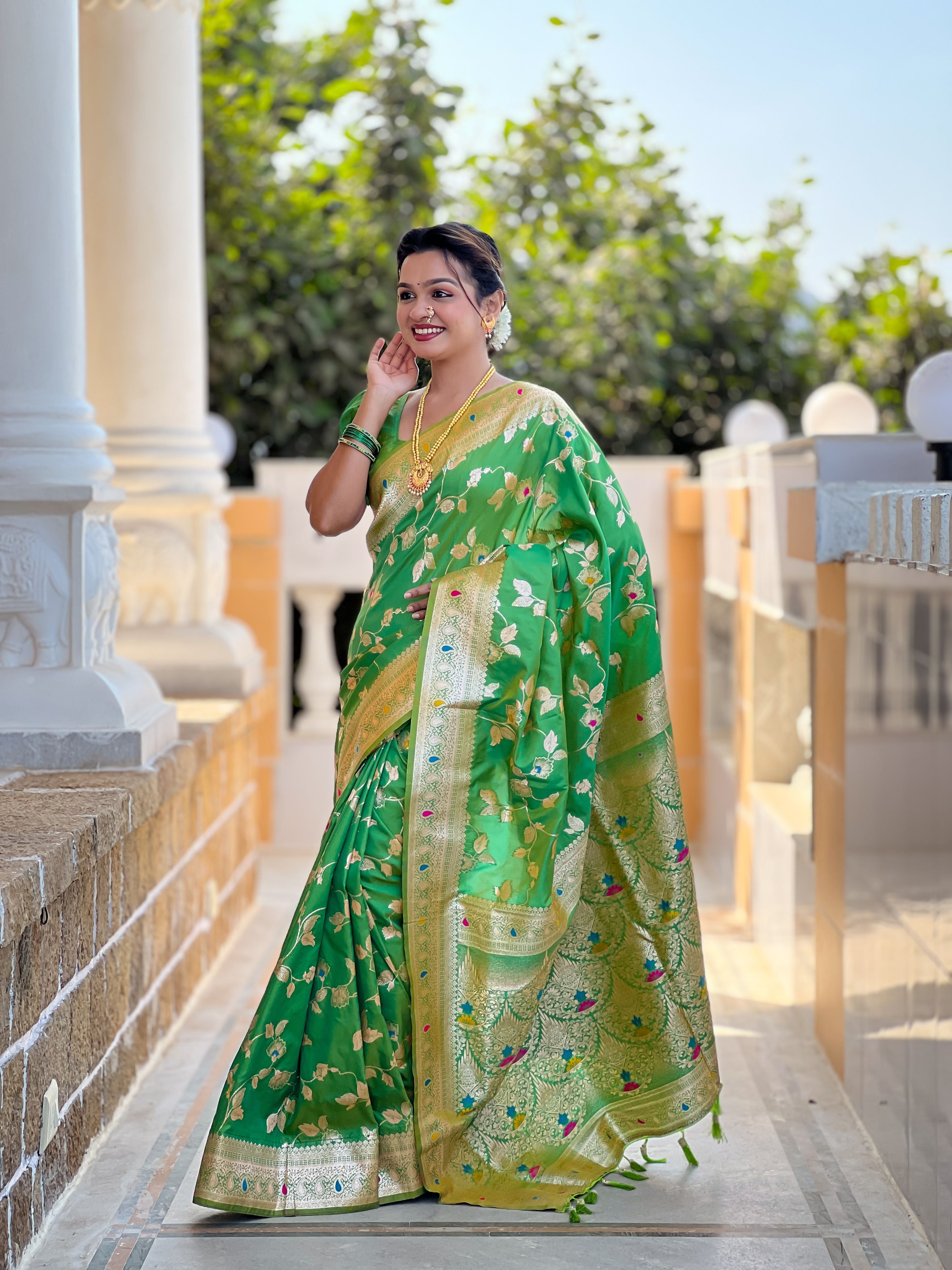 Parrot green Varni Fabrics Women's Traditional Banarasi Silk Saree with Woven Design & Blouse