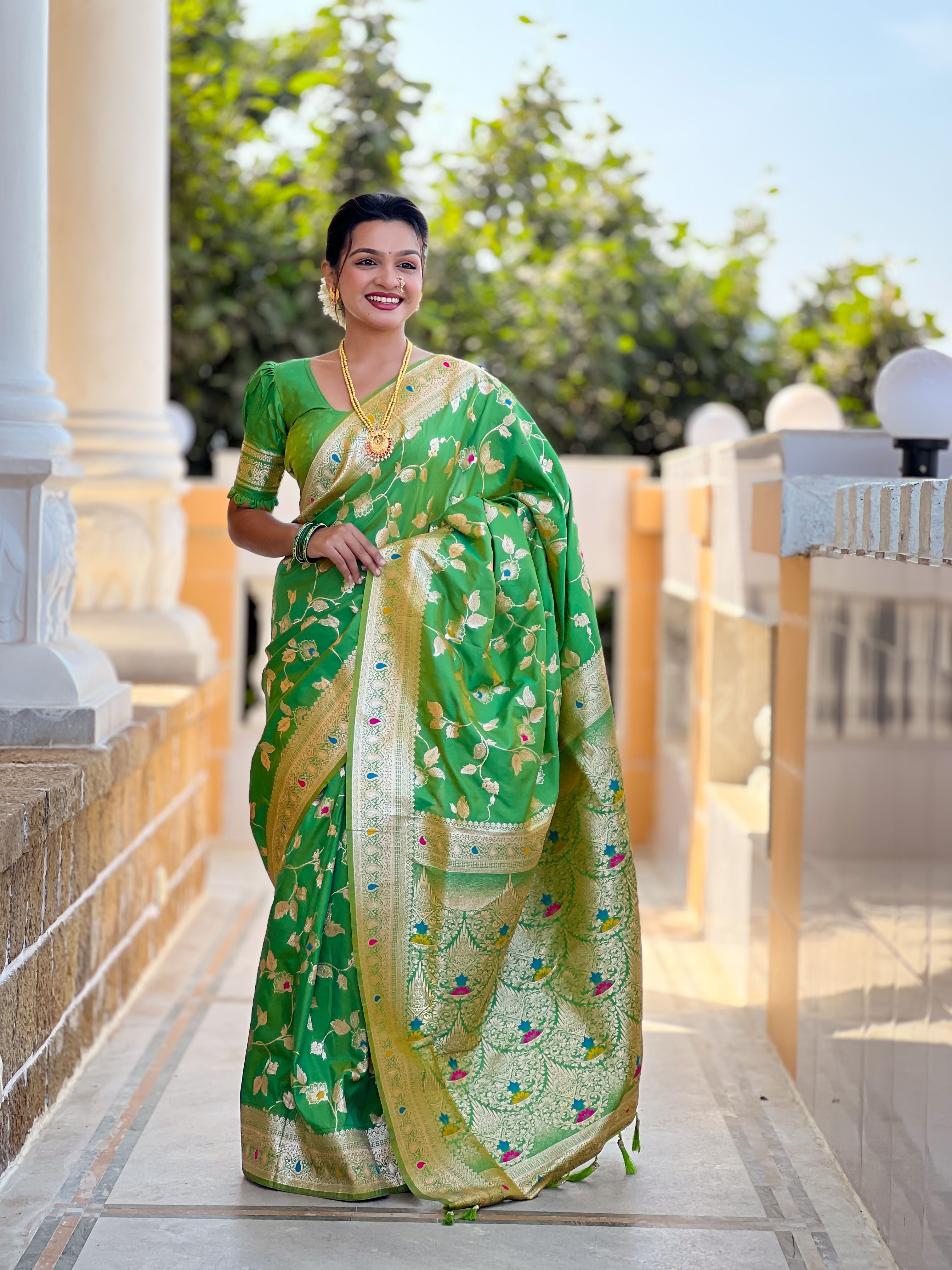 Parrot green Varni Fabrics Women's Traditional Banarasi Silk Saree with Woven Design & Blouse