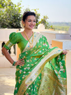 Parrot green Varni Fabrics Women's Traditional Banarasi Silk Saree with Woven Design & Blouse