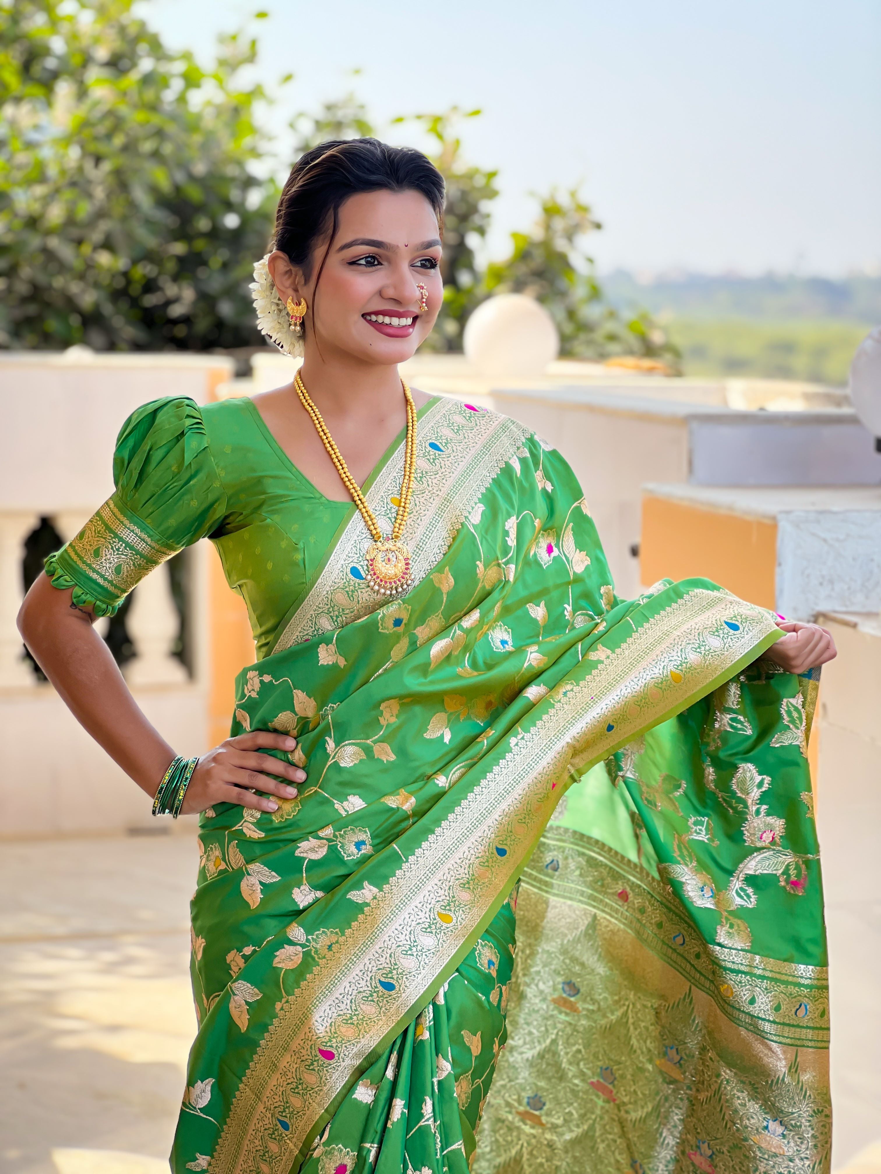 Parrot green Varni Fabrics Women's Traditional Banarasi Silk Saree with Woven Design & Blouse