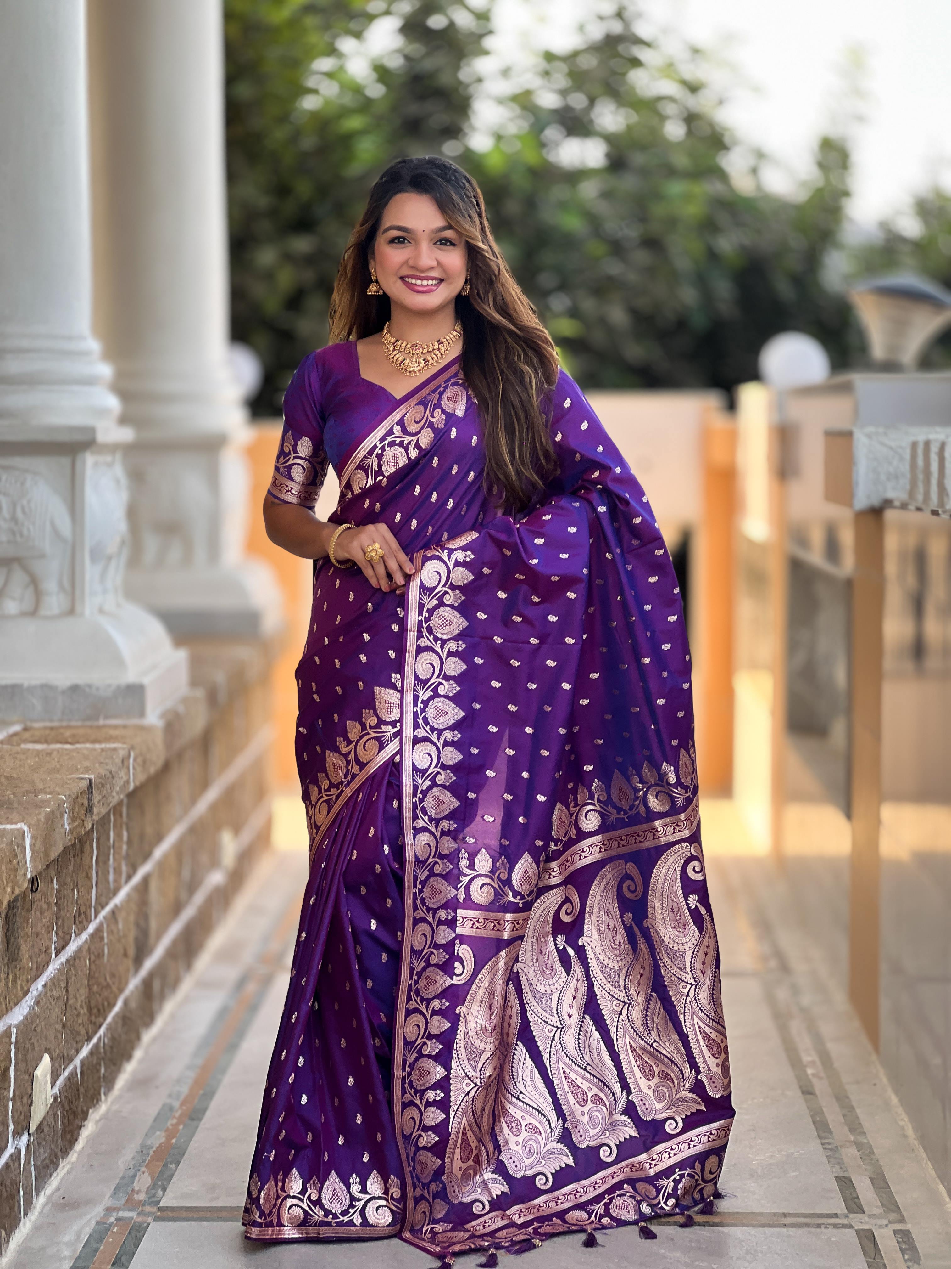 Purple Varni Fabrics Women Anjir Geometric Banarasi Silk Tassels and Latkans Saree comes With Matching Blouse