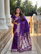 Purple Varni Fabrics Women Anjir Geometric Banarasi Silk Tassels and Latkans Saree comes With Matching Blouse