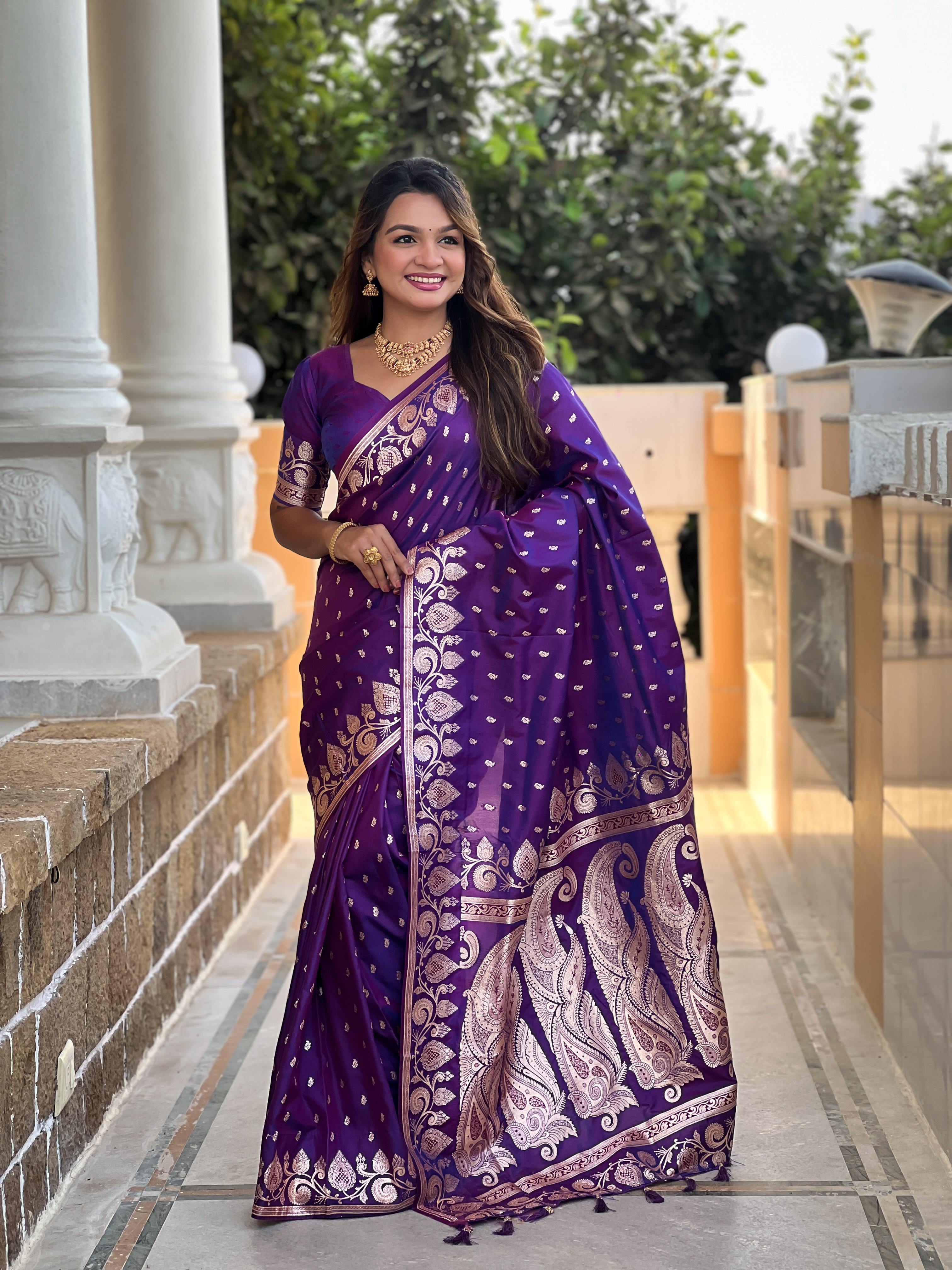 Purple Varni Fabrics Women Anjir Geometric Banarasi Silk Tassels and Latkans Saree comes With Matching Blouse