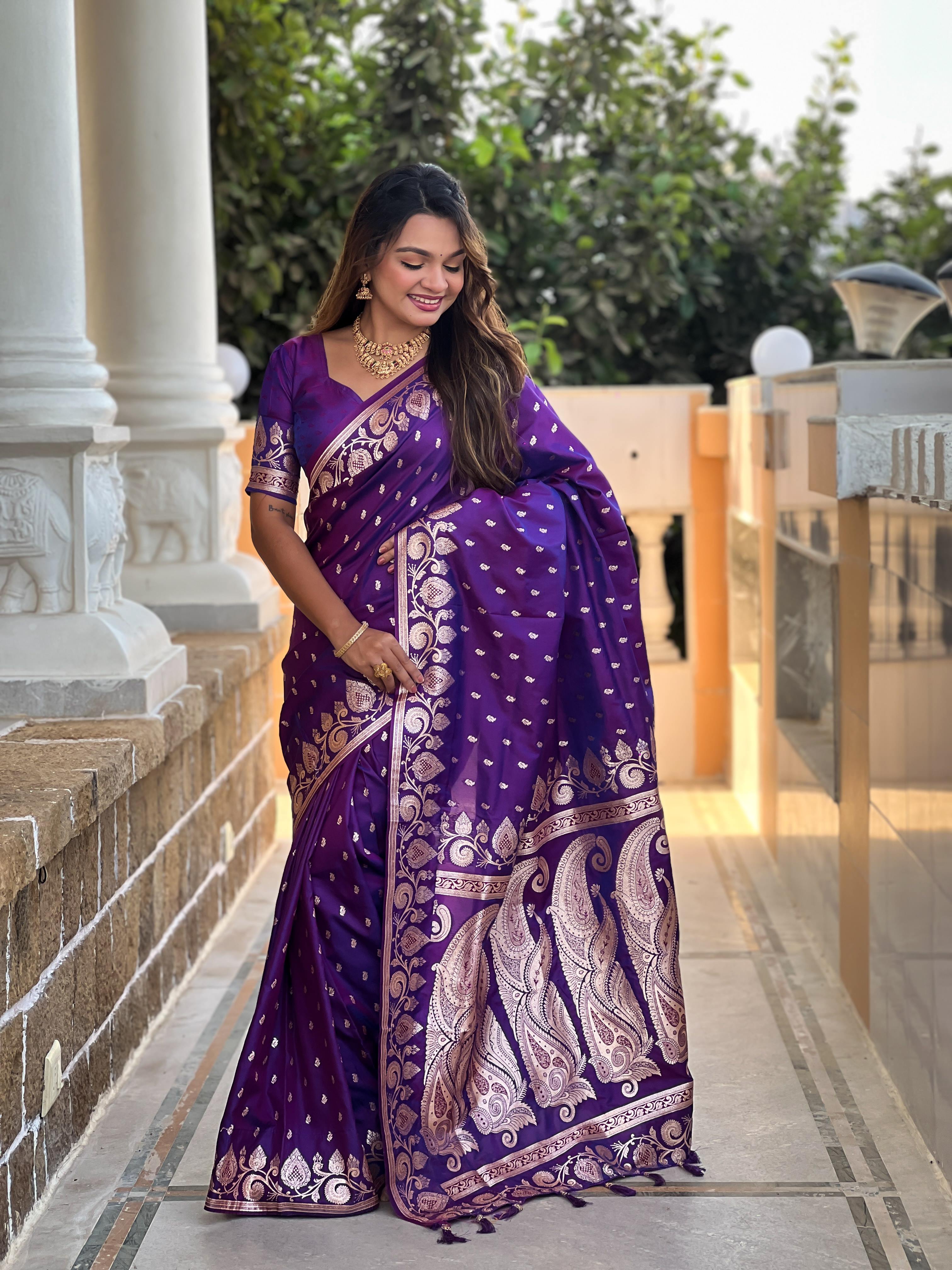 Purple Varni Fabrics Women Anjir Geometric Banarasi Silk Tassels and Latkans Saree comes With Matching Blouse