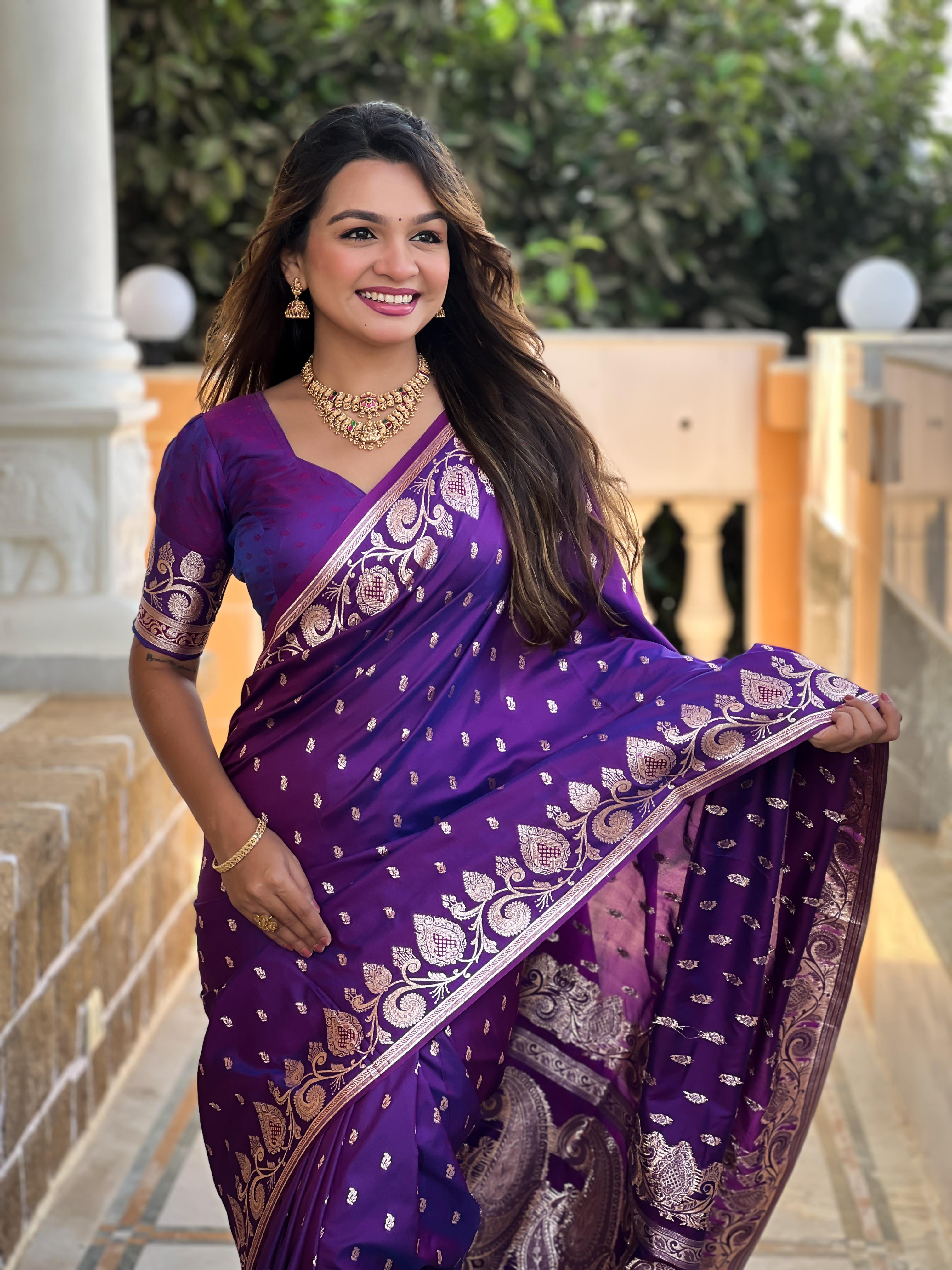 Purple Varni Fabrics Women Anjir Geometric Banarasi Silk Tassels and Latkans Saree comes With Matching Blouse