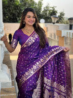Purple Varni Fabrics Women Anjir Geometric Banarasi Silk Tassels and Latkans Saree comes With Matching Blouse