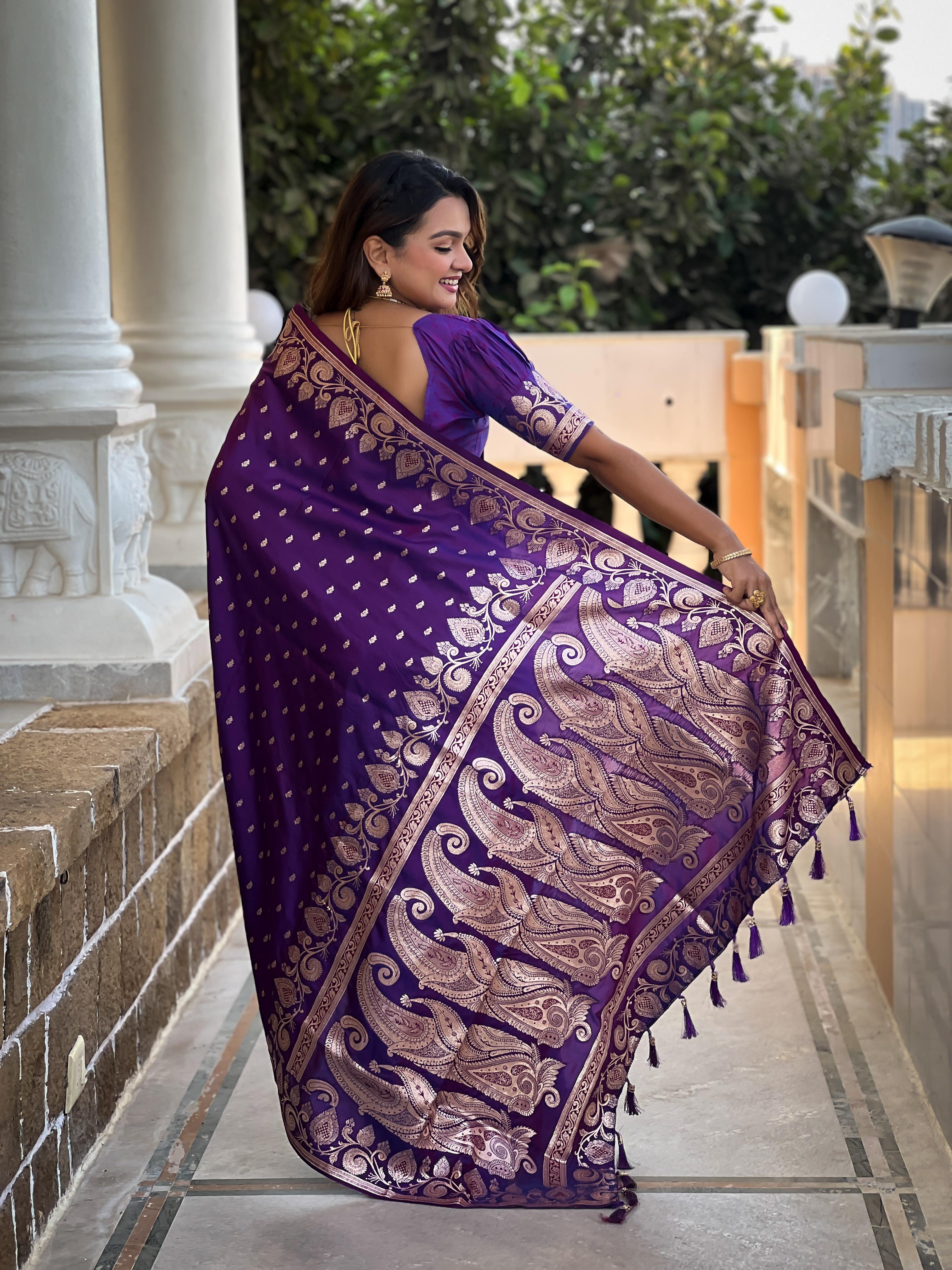 Purple Varni Fabrics Women Anjir Geometric Banarasi Silk Tassels and Latkans Saree comes With Matching Blouse