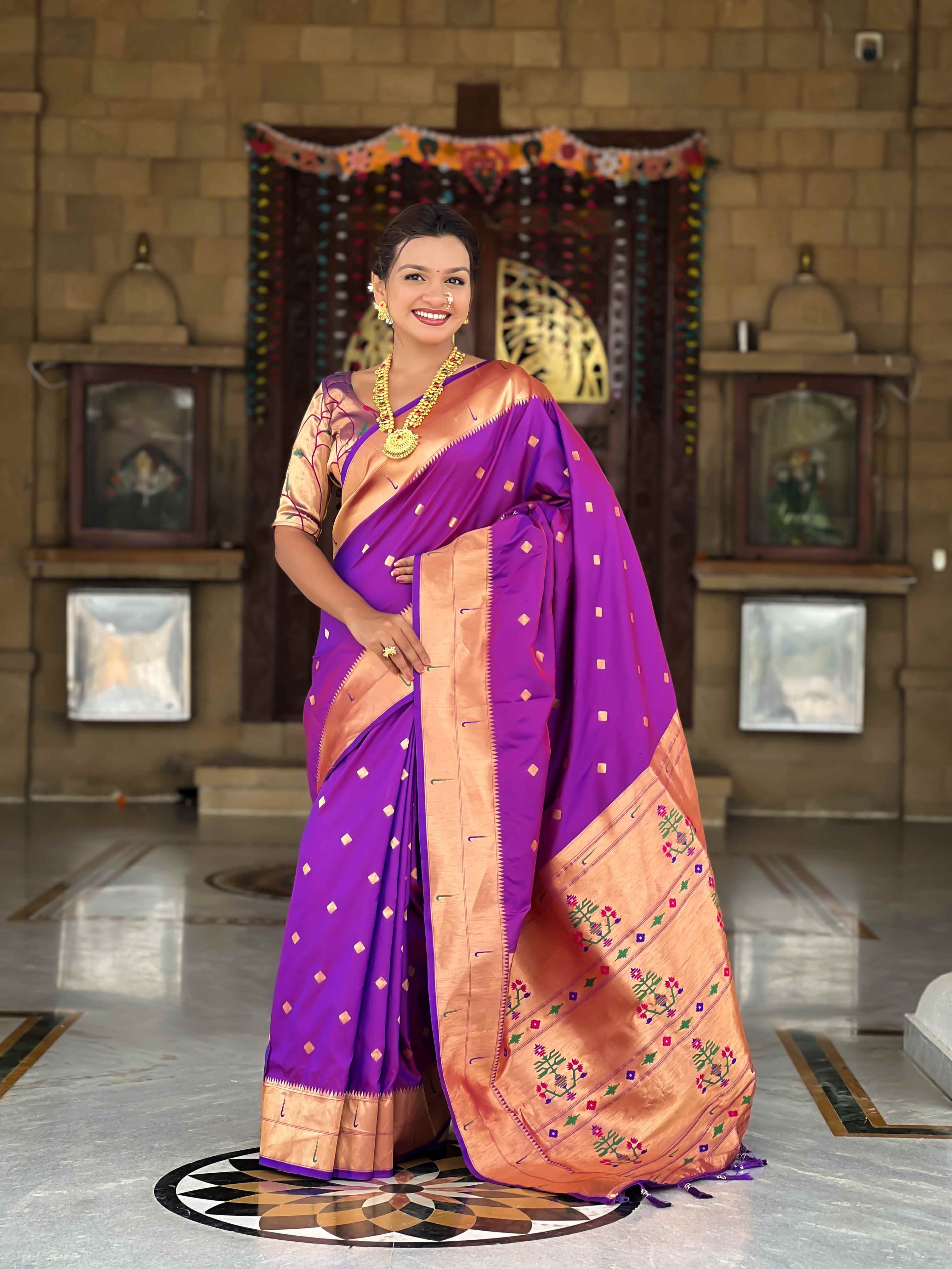 Purple Paithani Silk Saree with Zari Weaving, Meenakari Pallu & Double Munia Border