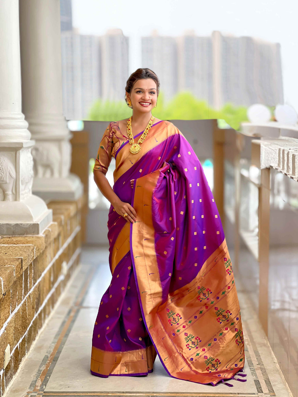 Purple Paithani Silk Saree with Zari Weaving, Meenakari Pallu & Double Munia Border