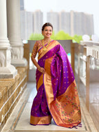 Purple Paithani Silk Saree with Zari Weaving, Meenakari Pallu & Double Munia Border