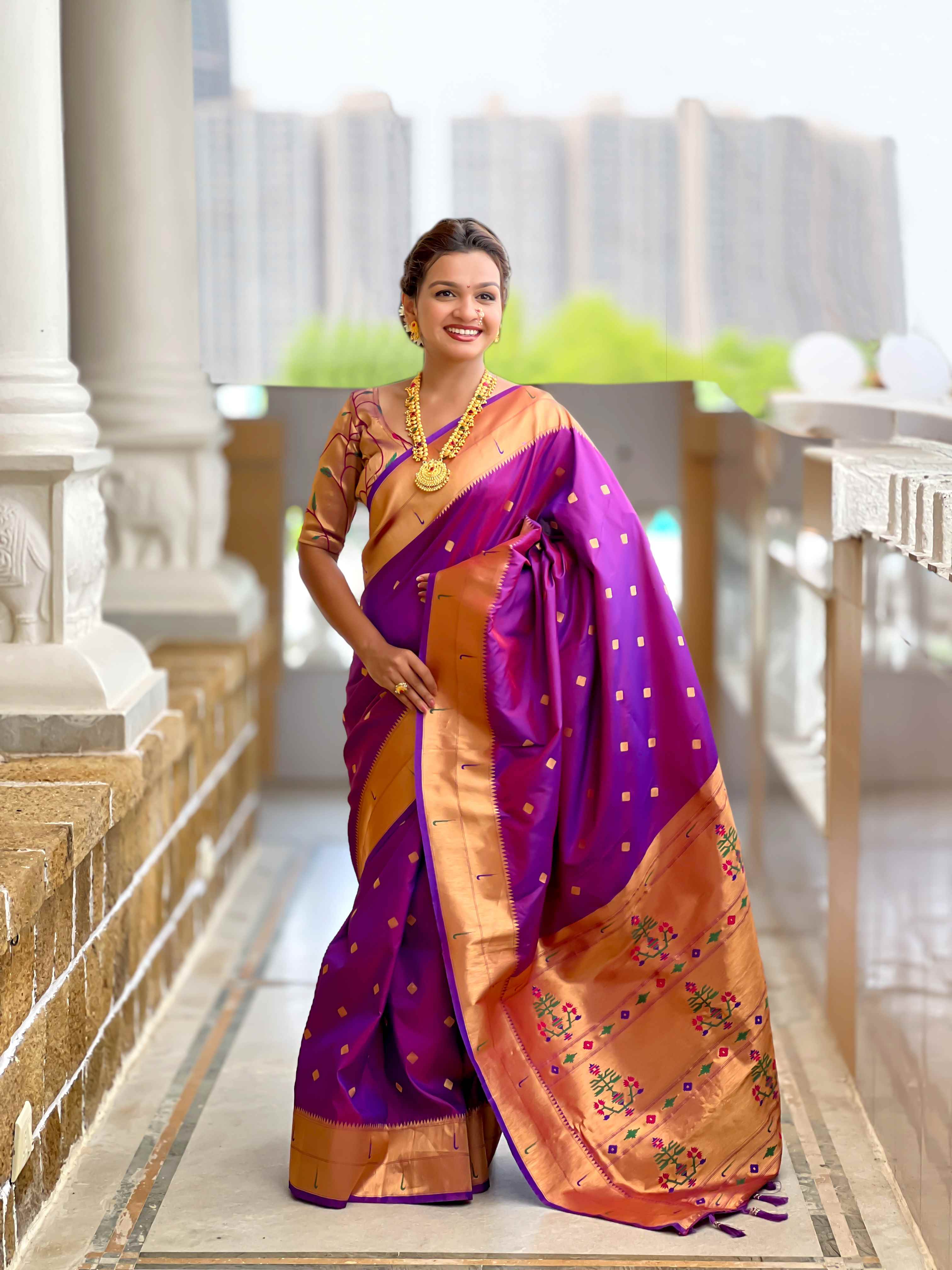 Purple Paithani Silk Saree with Zari Weaving, Meenakari Pallu & Double Munia Border