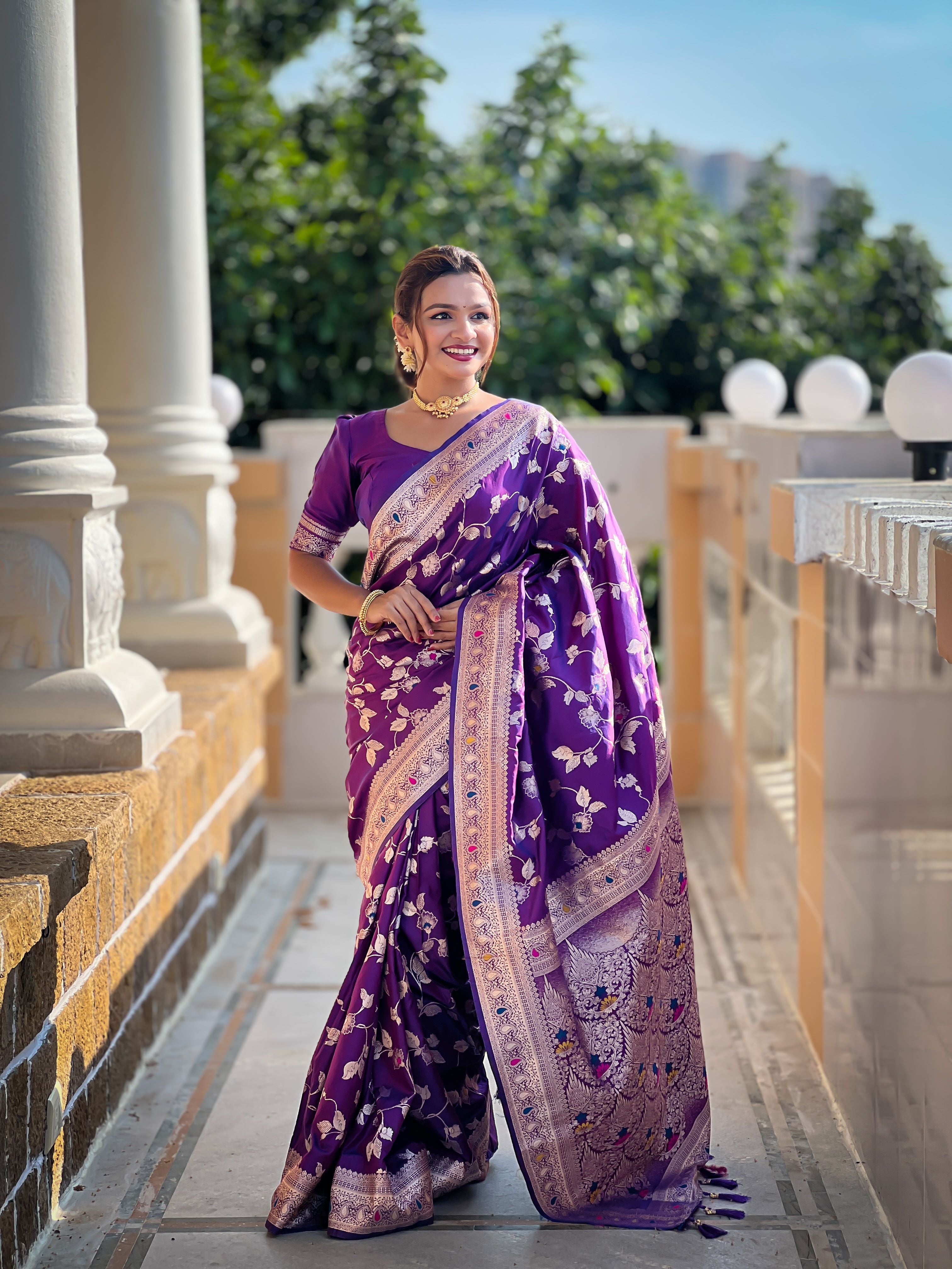 Purple Varni Fabrics Women's Traditional Banarasi Silk Saree with Woven Design & Blouse