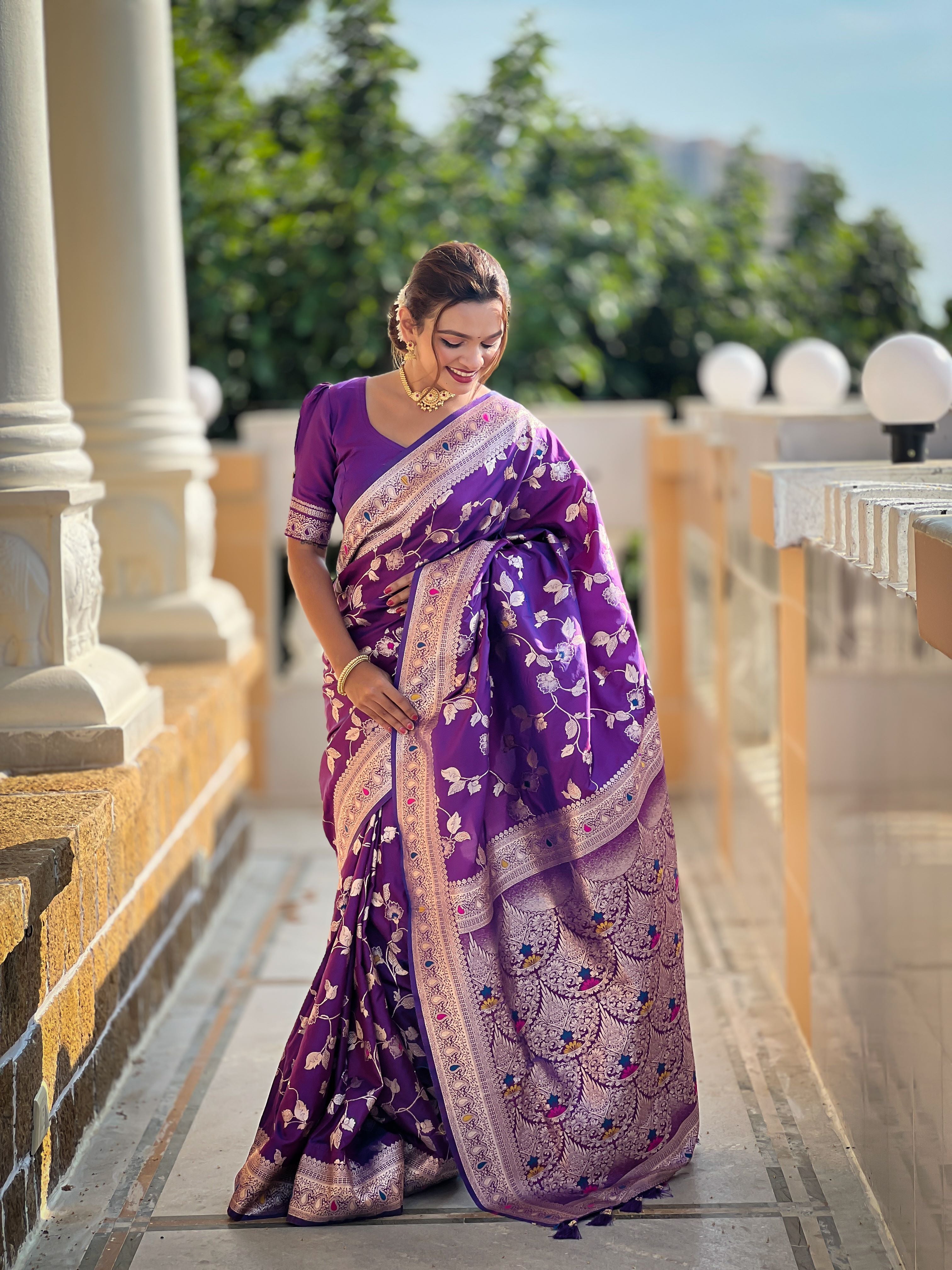 Purple Varni Fabrics Women's Traditional Banarasi Silk Saree with Woven Design & Blouse