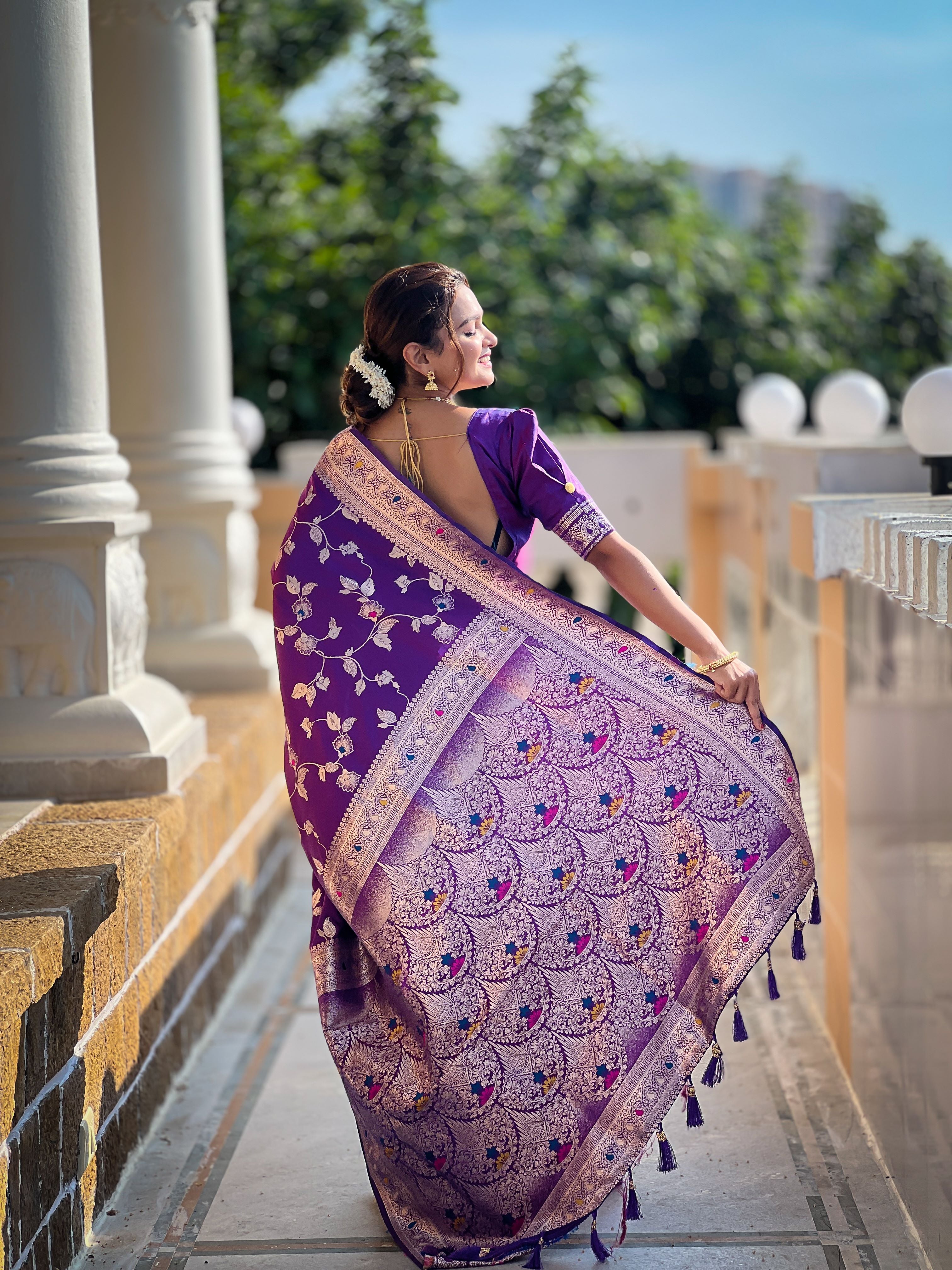 Purple Varni Fabrics Women's Traditional Banarasi Silk Saree with Woven Design & Blouse