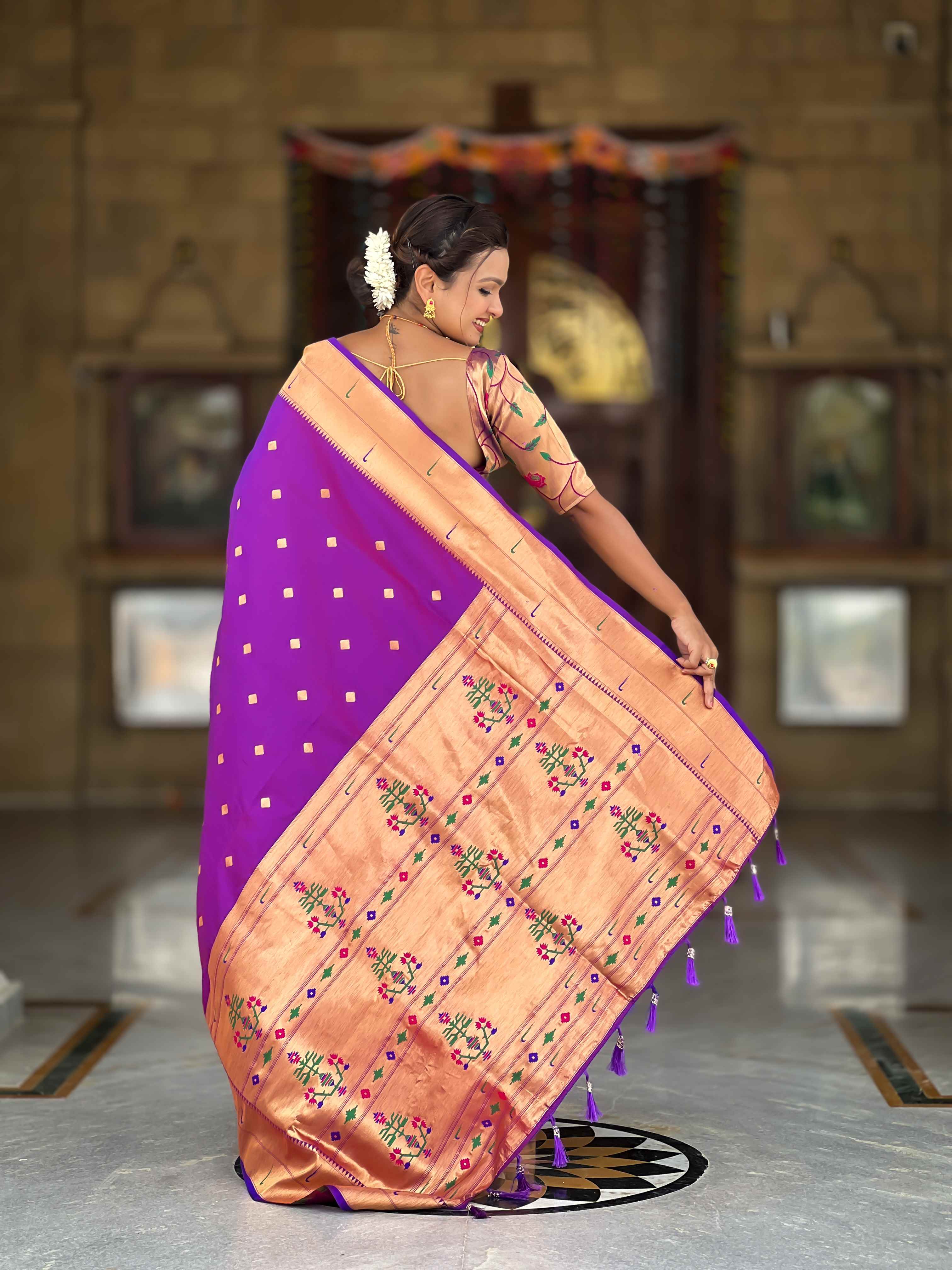 Purple Paithani Silk Saree with Zari Weaving, Meenakari Pallu & Double Munia Border