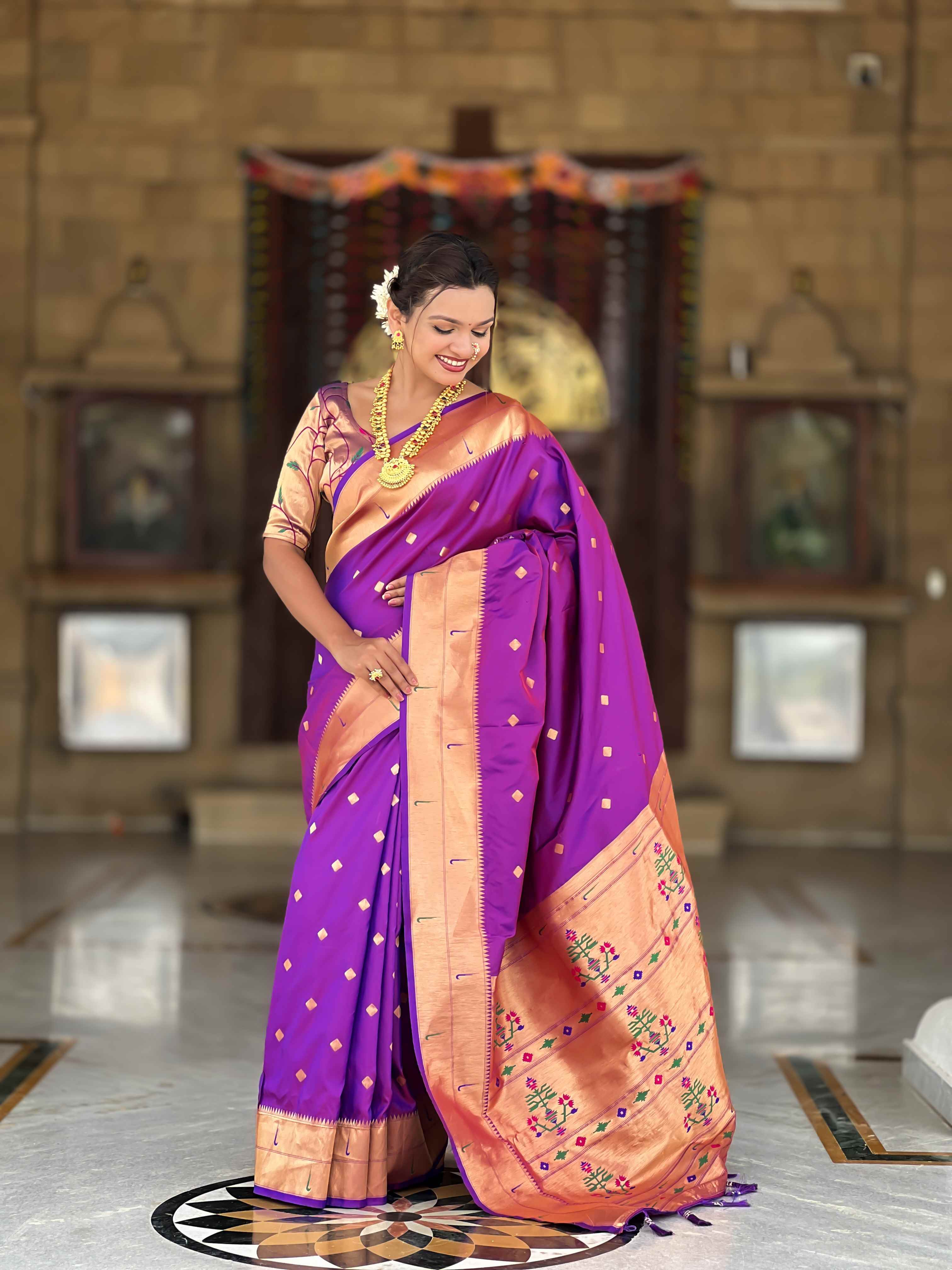 Purple Paithani Silk Saree with Zari Weaving, Meenakari Pallu & Double Munia Border