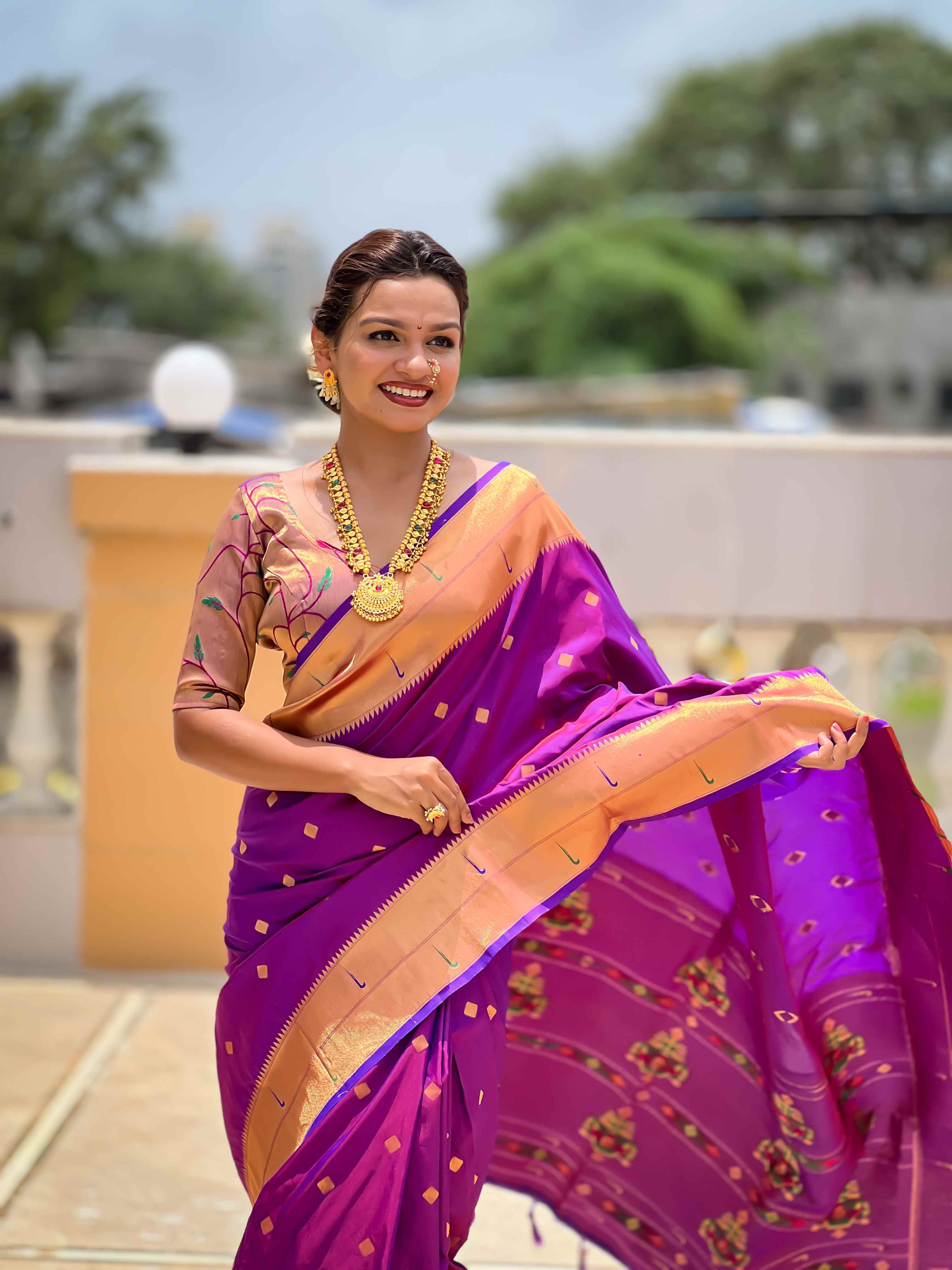 Purple Paithani Silk Saree with Zari Weaving, Meenakari Pallu & Double Munia Border