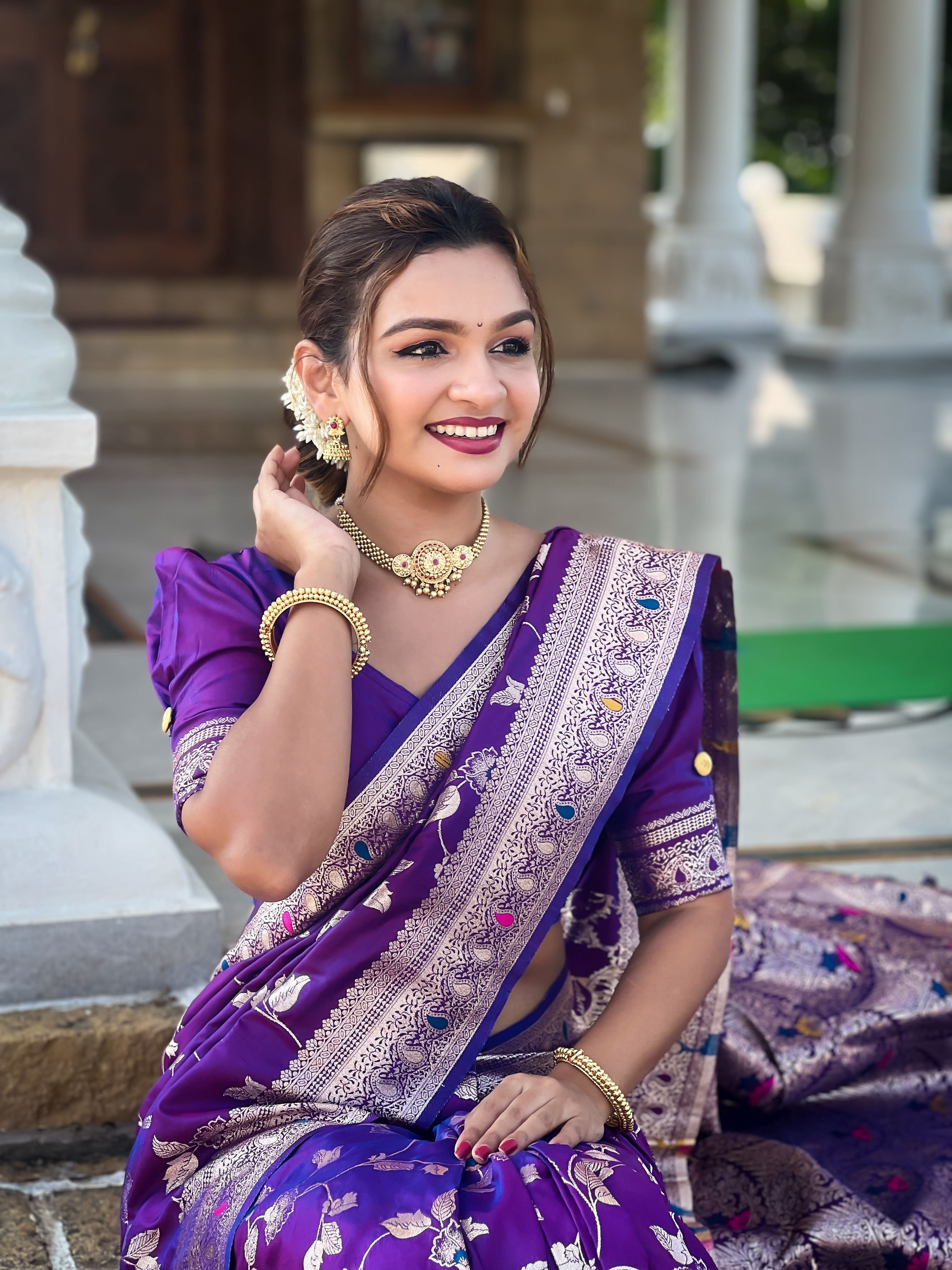 Purple Varni Fabrics Women's Traditional Banarasi Silk Saree with Woven Design & Blouse