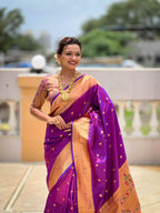 Purple Paithani Silk Saree with Zari Weaving, Meenakari Pallu & Double Munia Border