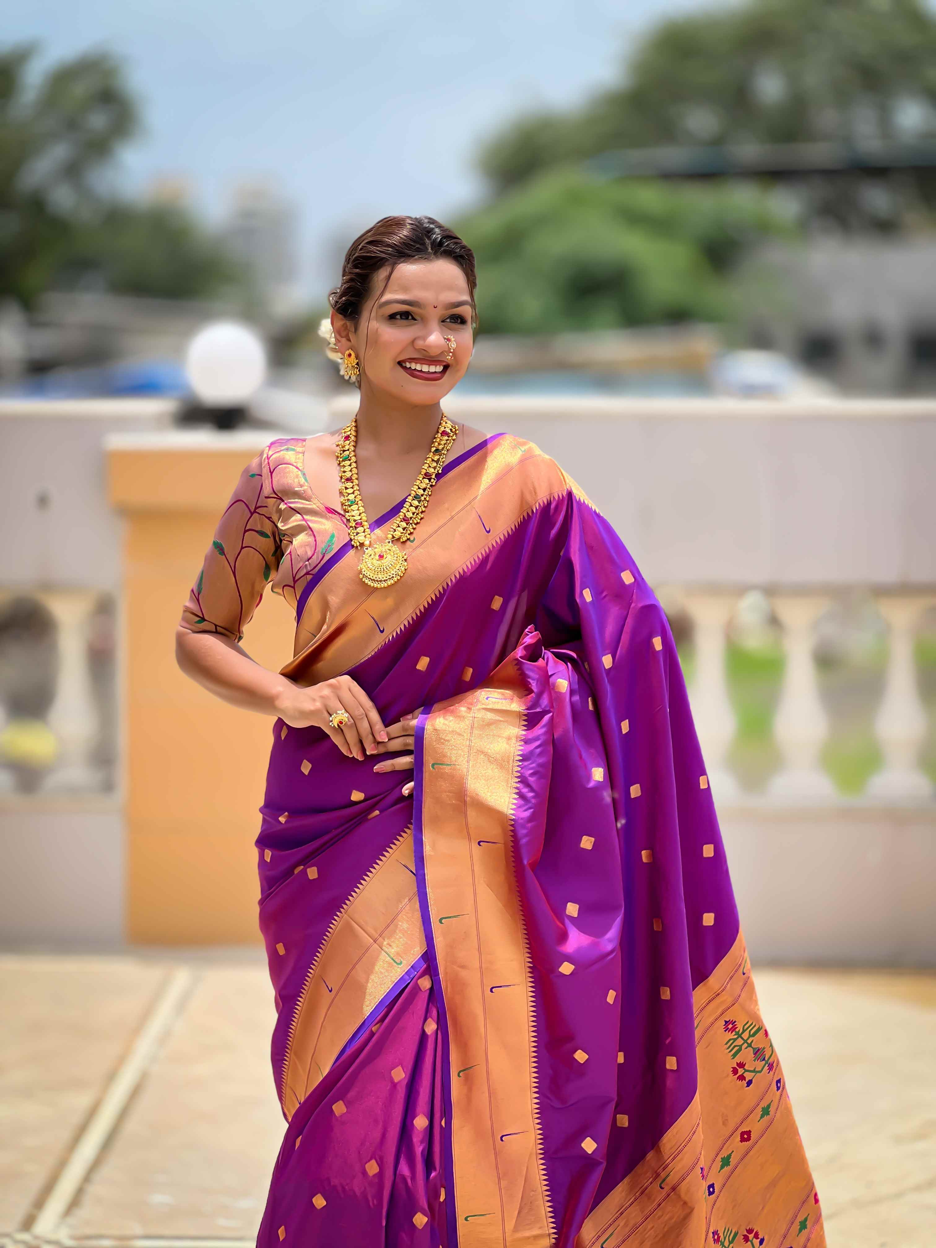 Purple Paithani Silk Saree with Zari Weaving, Meenakari Pallu & Double Munia Border
