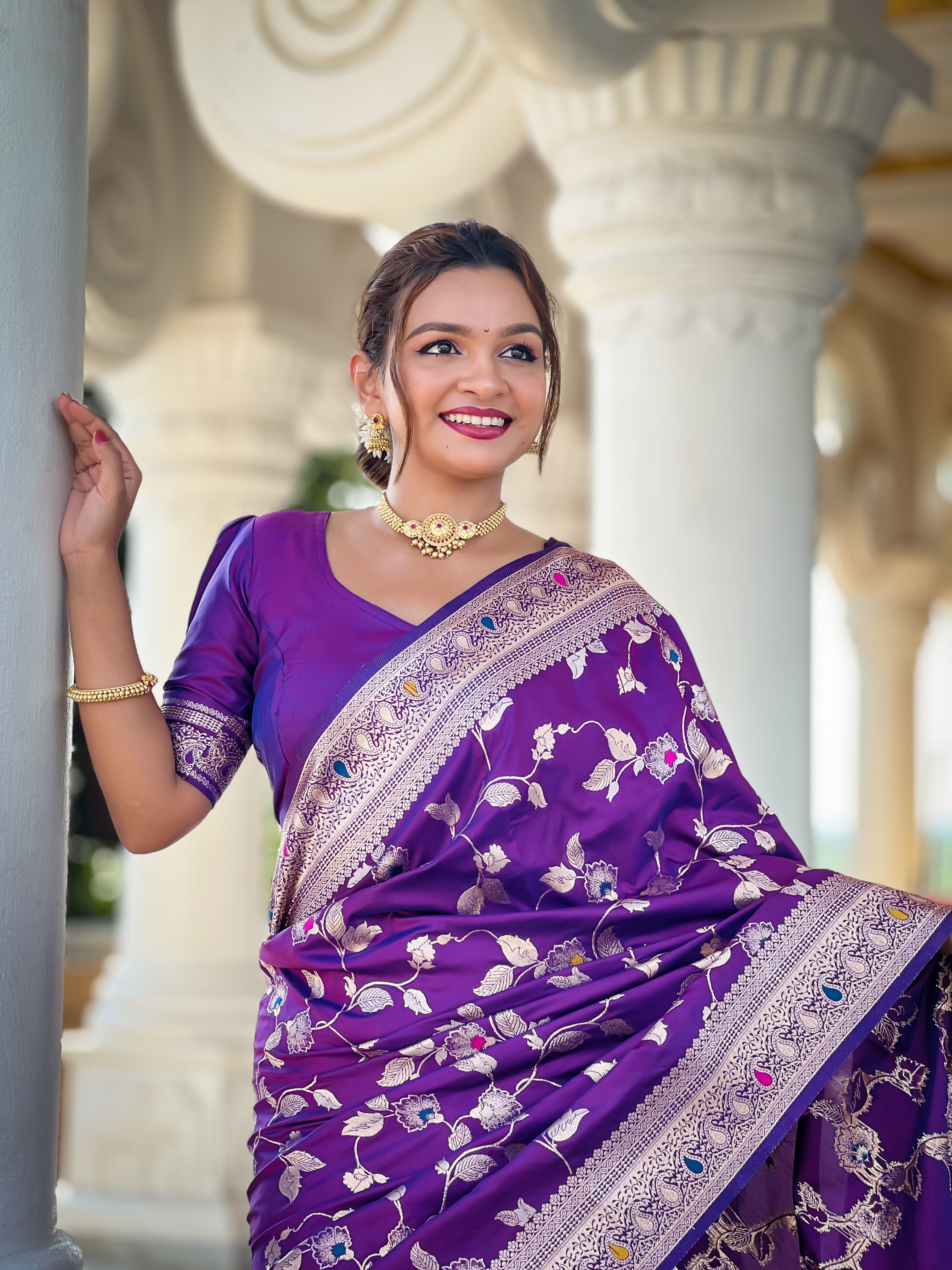 Purple Varni Fabrics Women's Traditional Banarasi Silk Saree with Woven Design & Blouse