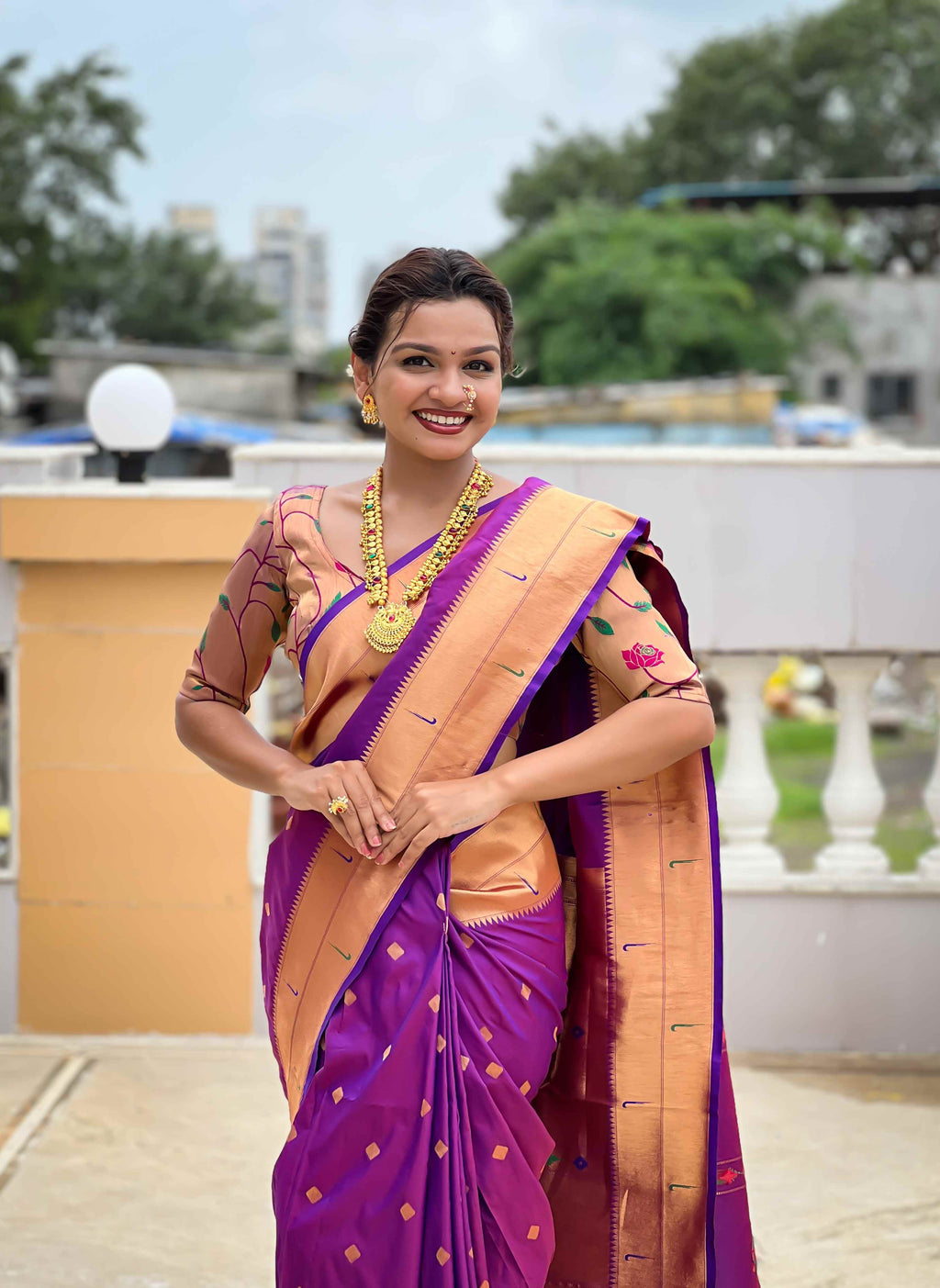 Purple Paithani Silk Saree with Zari Weaving, Meenakari Pallu & Double Munia Border