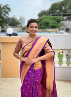 Purple Paithani Silk Saree with Zari Weaving, Meenakari Pallu & Double Munia Border