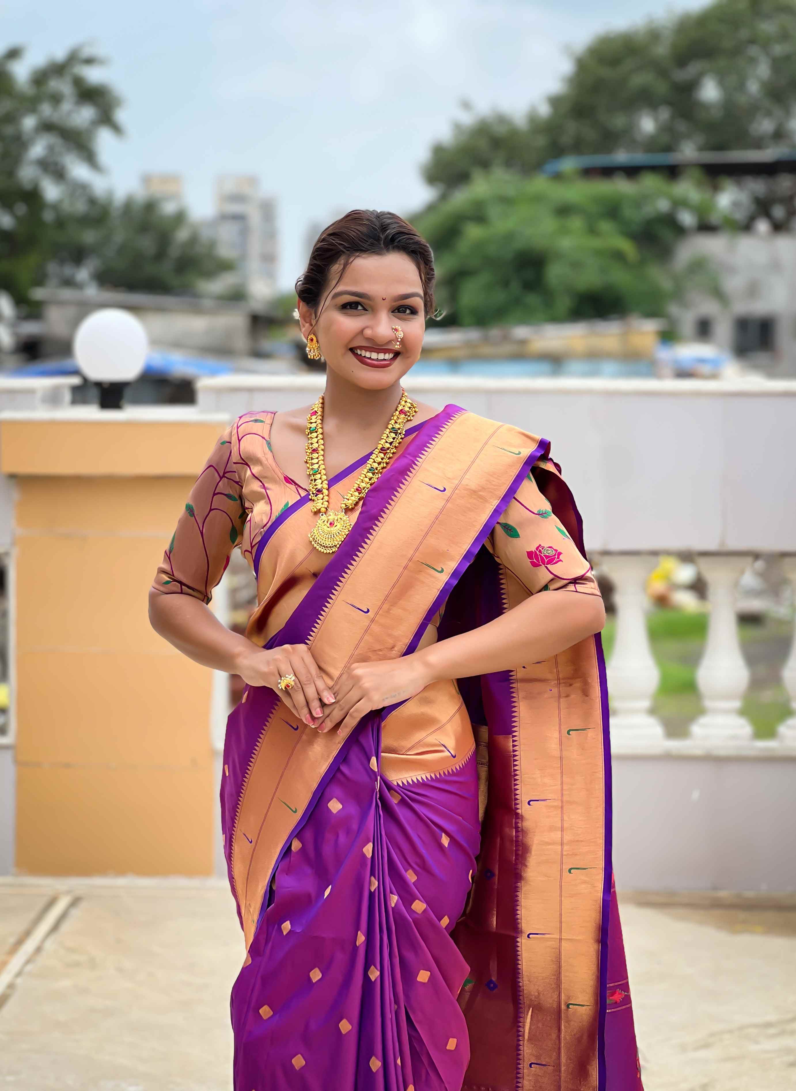 Purple Paithani Silk Saree with Zari Weaving, Meenakari Pallu & Double Munia Border