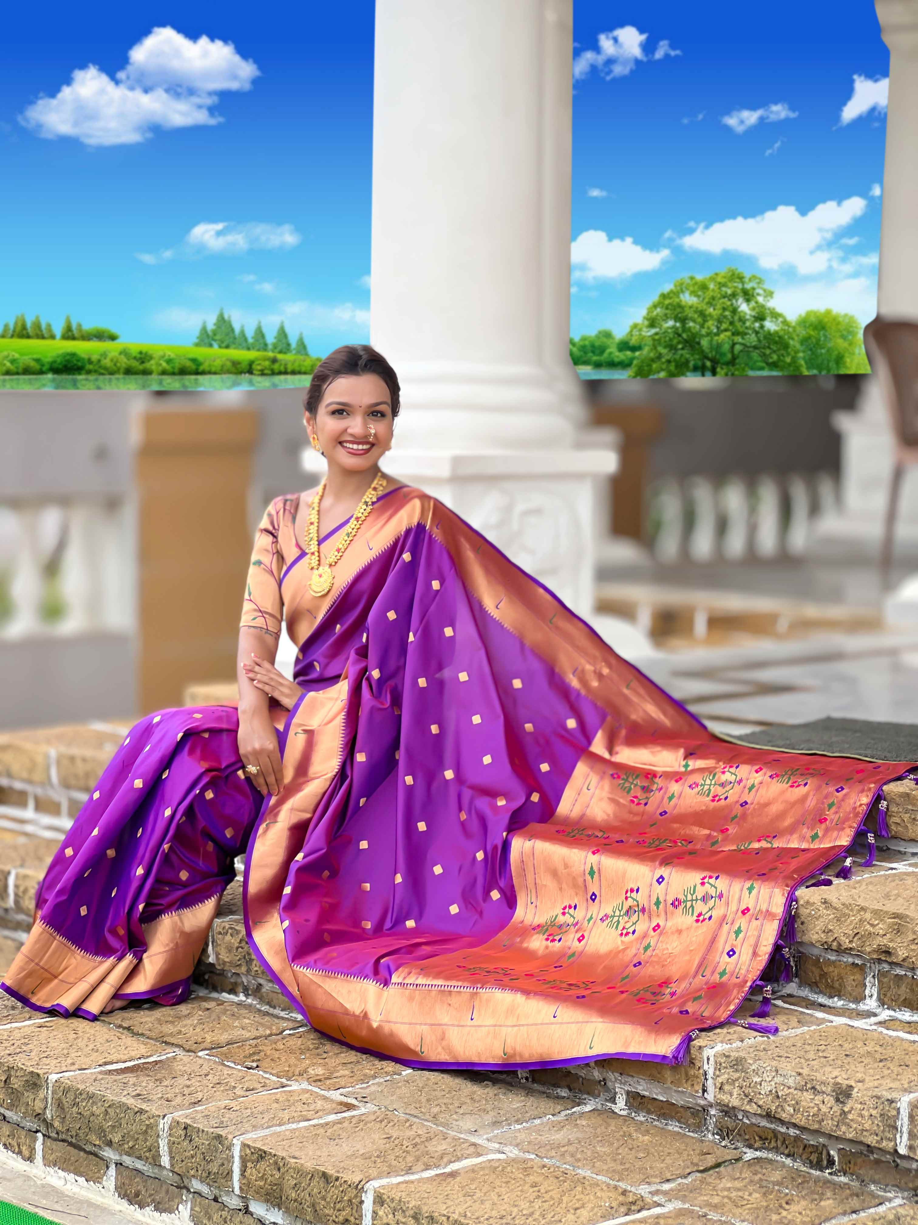 Purple Paithani Silk Saree with Zari Weaving, Meenakari Pallu & Double Munia Border