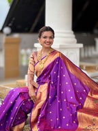 Purple Paithani Silk Saree with Zari Weaving, Meenakari Pallu & Double Munia Border